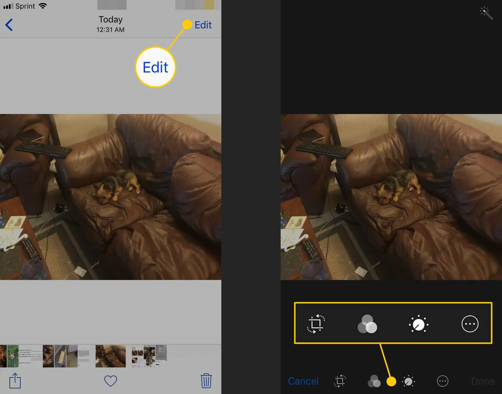 O botão de edição e ferramentas de edição em Fotos em um iPhone