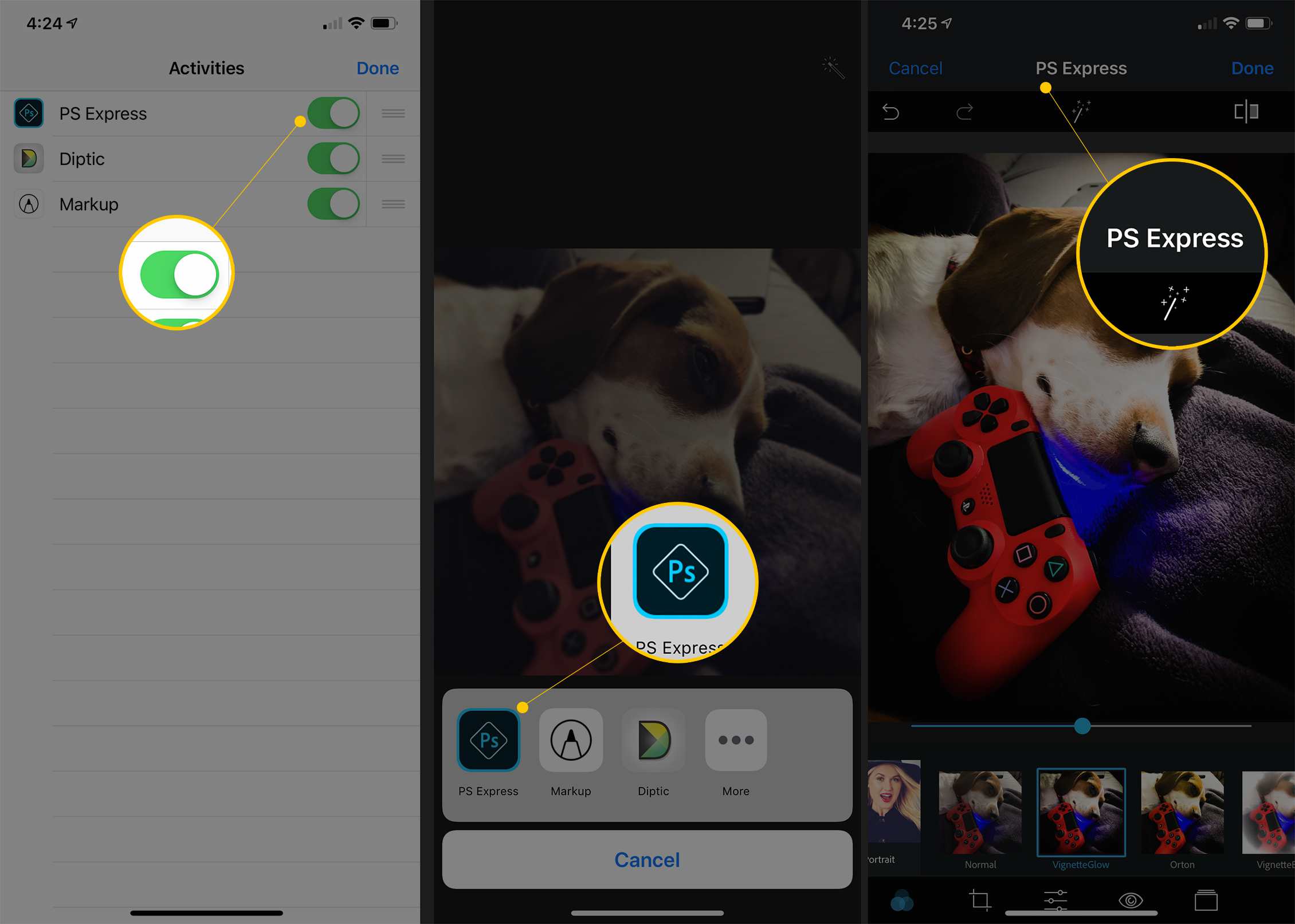 Três telas de iOS mostrando PS Express ativado, PS Express em Mais opções de fotos e página de edição de PS Express