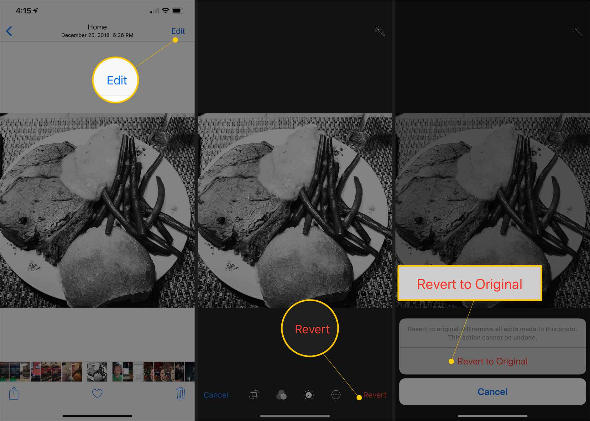 Três telas do aplicativo iOS Camera mostrando os botões Editar, Reverter e Reverter para o original