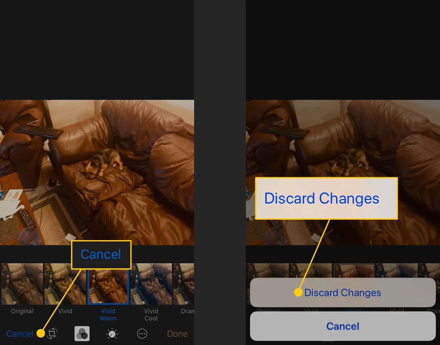 Descartando alterações ao adicionar um filtro a uma foto em um iPhone