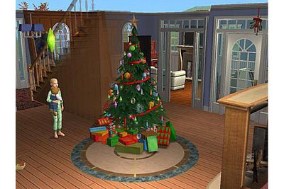 Esperando pelo Papai Noel perto da árvore de Natal na captura de tela de Sims 2