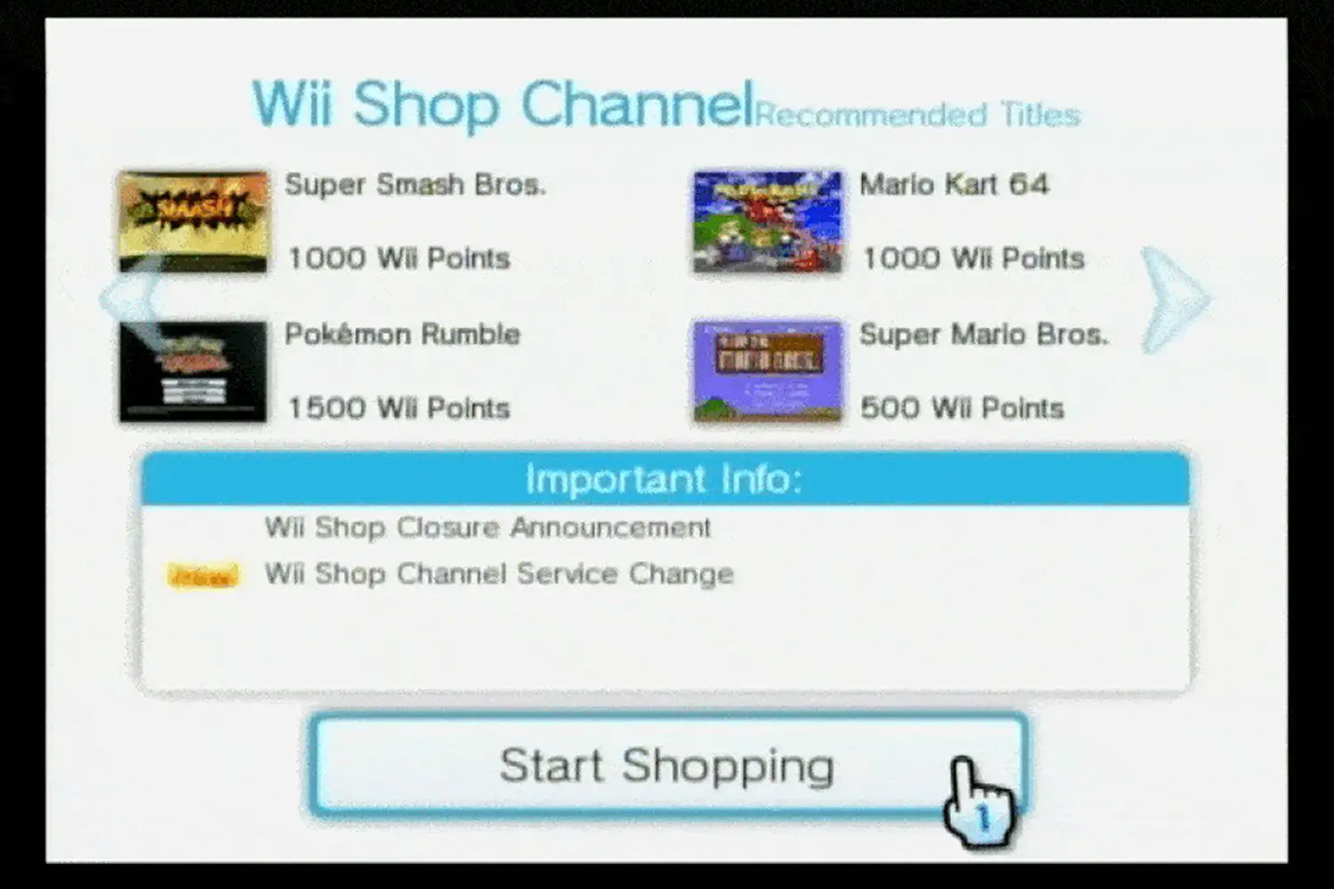 O botão "Começar a comprar" no Wii Shop Channel