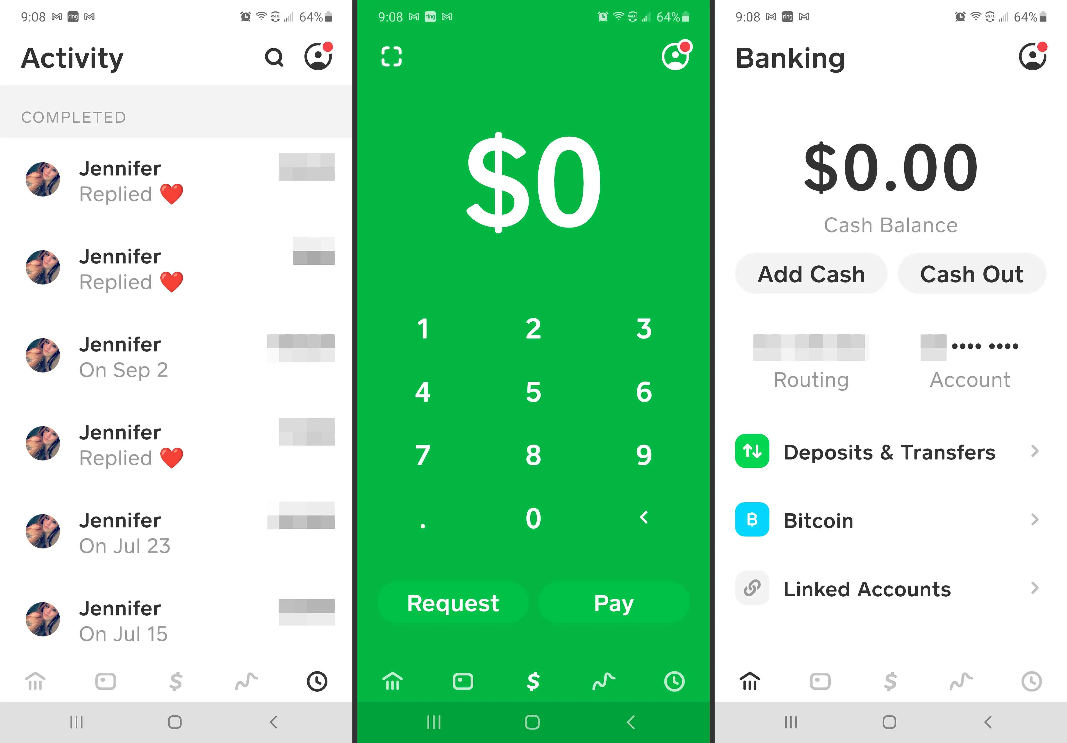 Cash App Activity, pagamento e telas bancárias