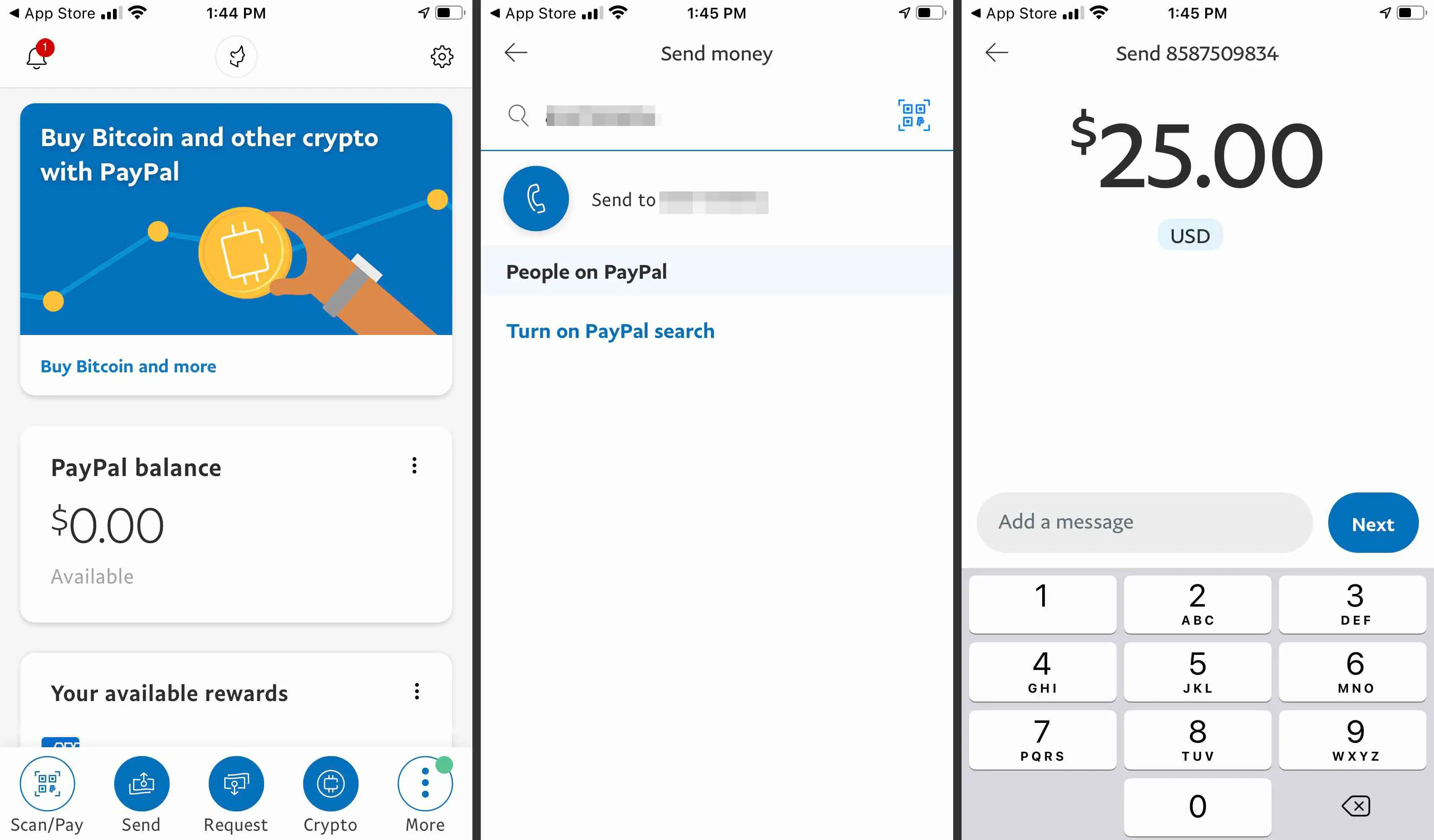 Saldo, recursos e telas de envio de dinheiro do app do PayPal