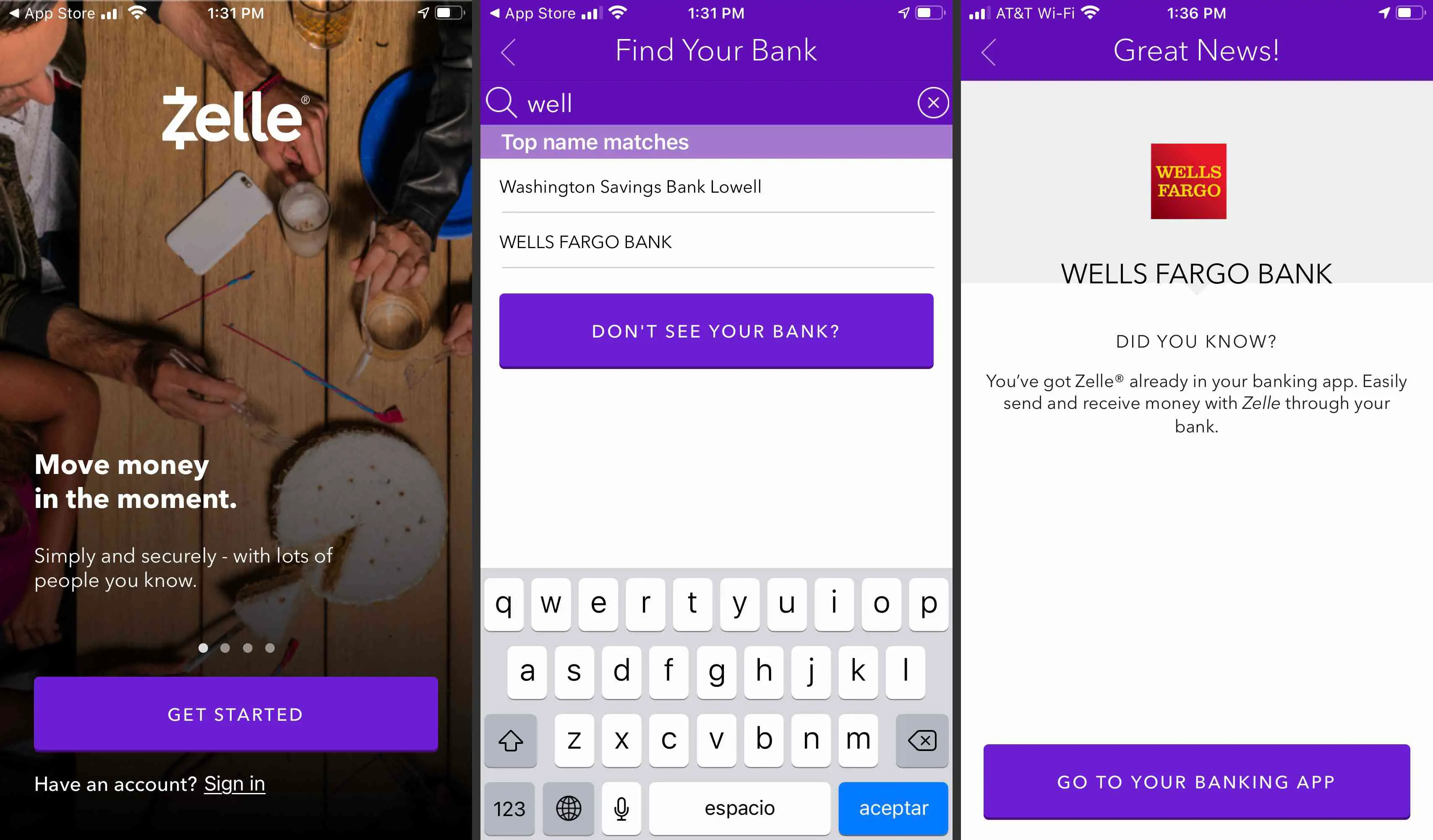 Zelle App banking e telas de transferência