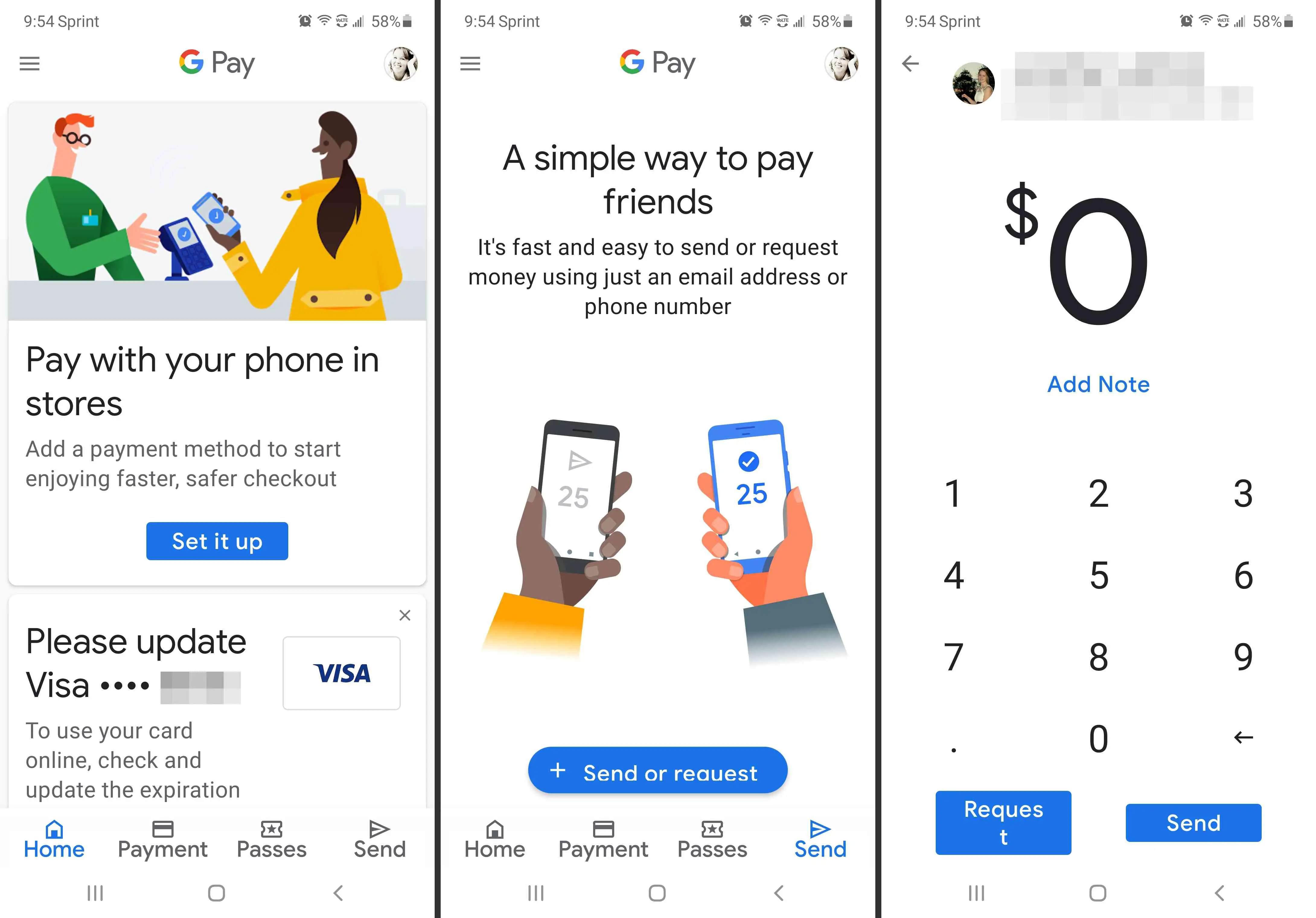 Telas de transferência e pagamento do app Google Pay