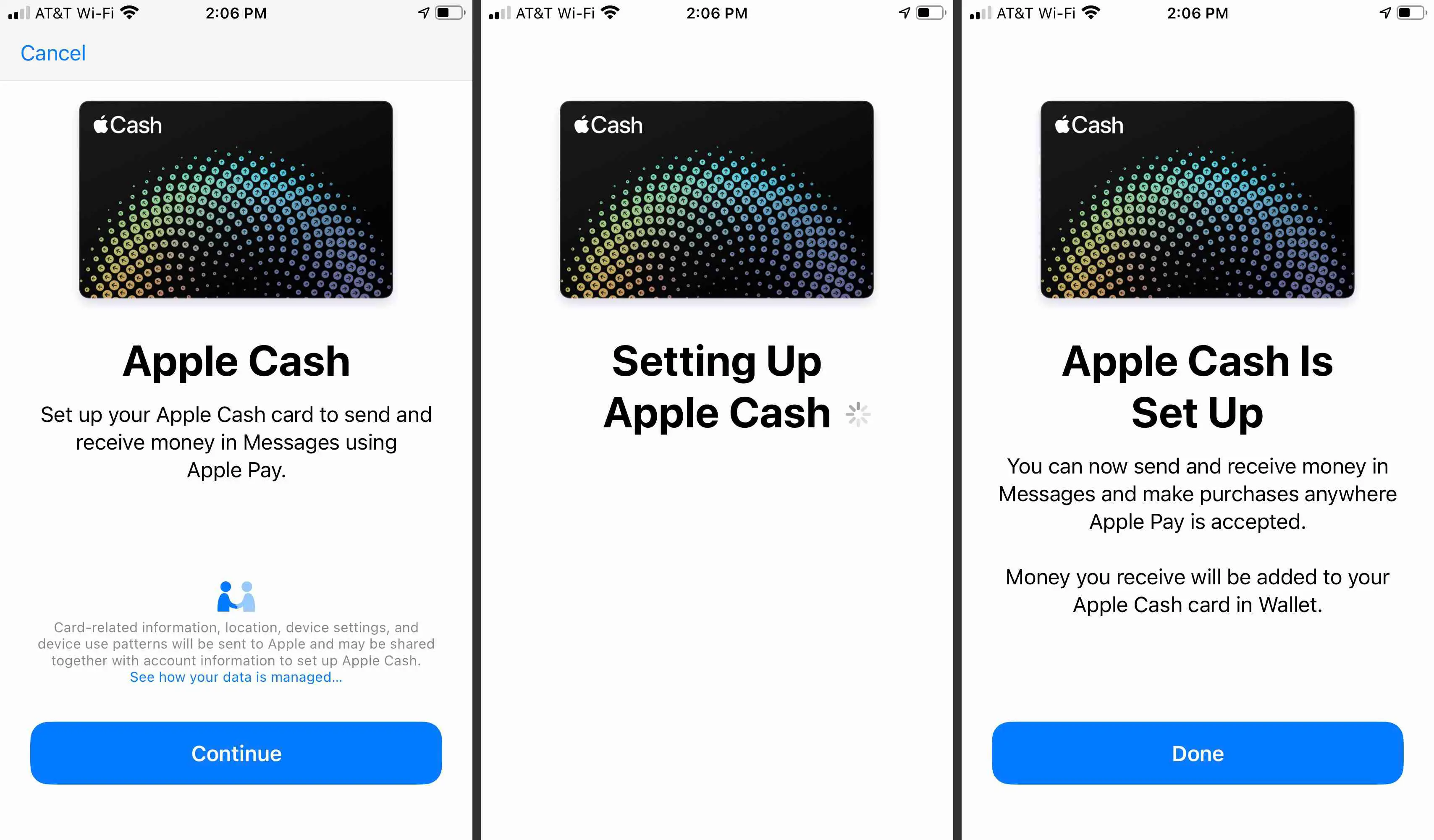 Telas de configuração do Apple Cash no Apple Pay