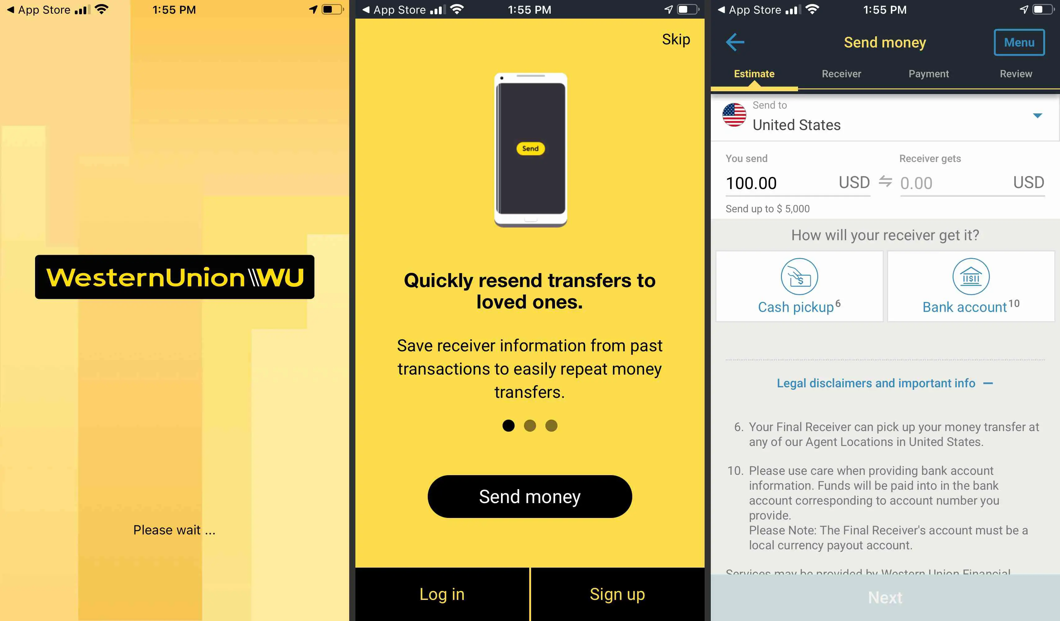 Informações do aplicativo Western Union e telas de transferência
