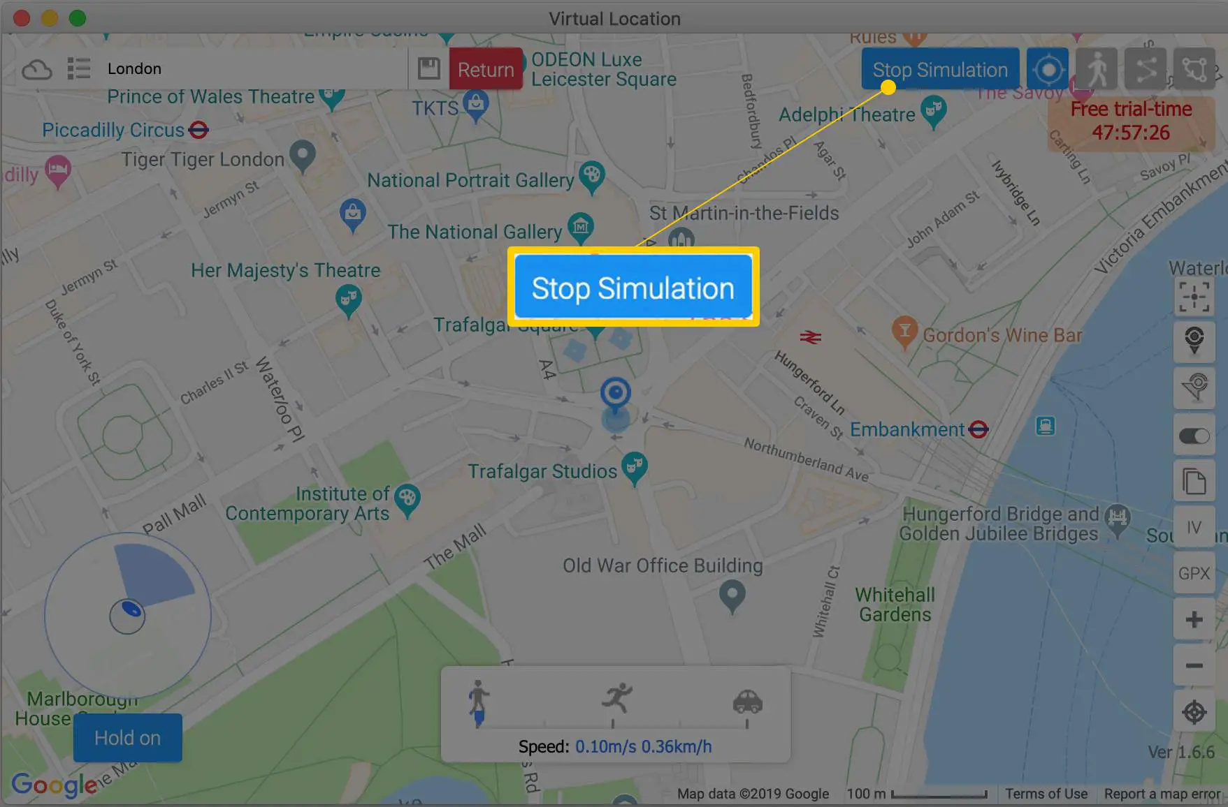 Botão Parar simulação na janela de localização virtual do iTools