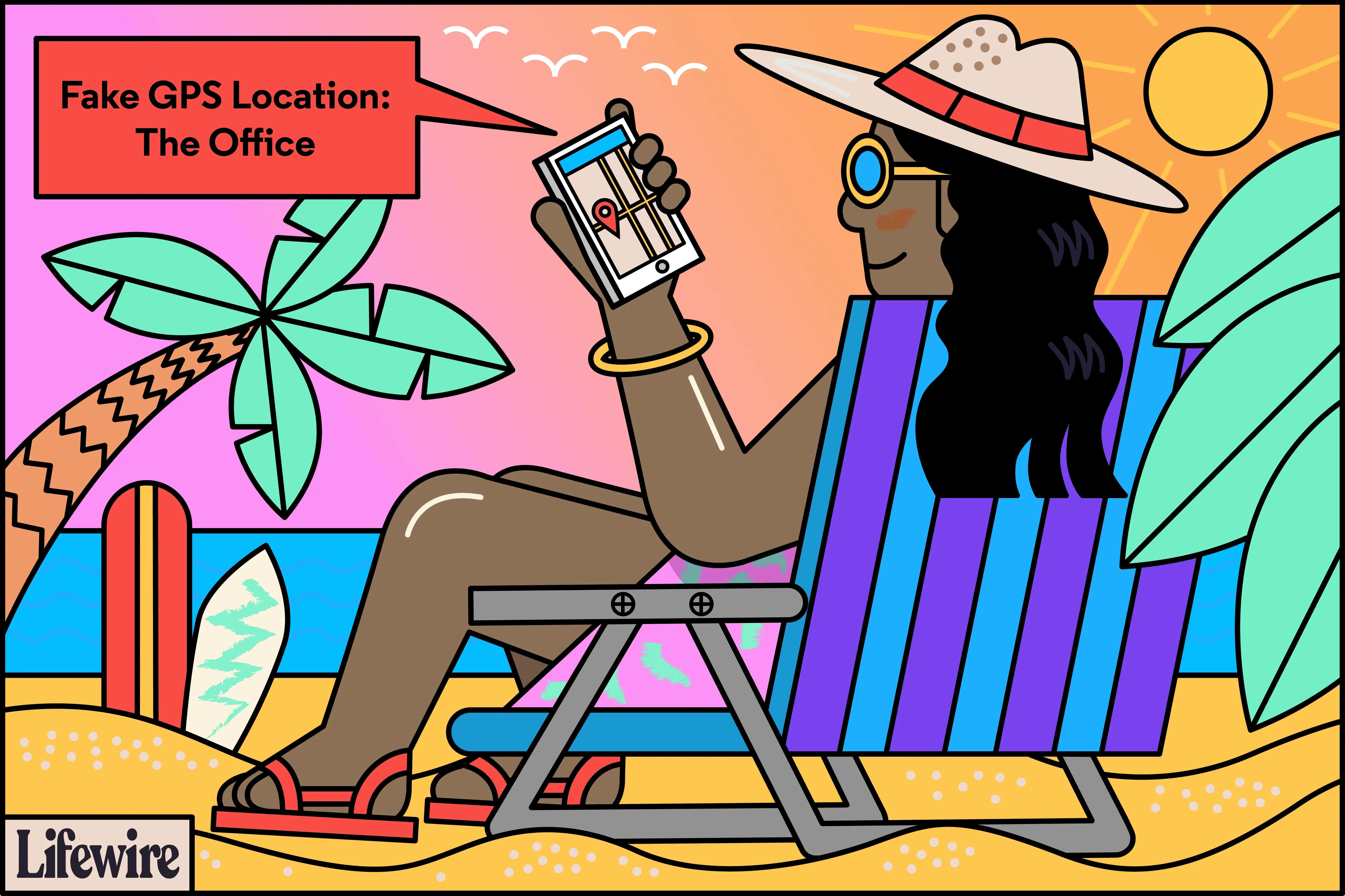 Ilustração de uma pessoa na praia com "Localização GPS falsa: The Office" saindo de seu smartphone