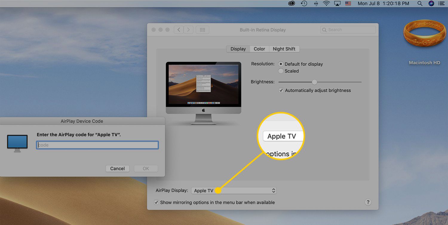 Menu AirPlay Display nas configurações do macOS