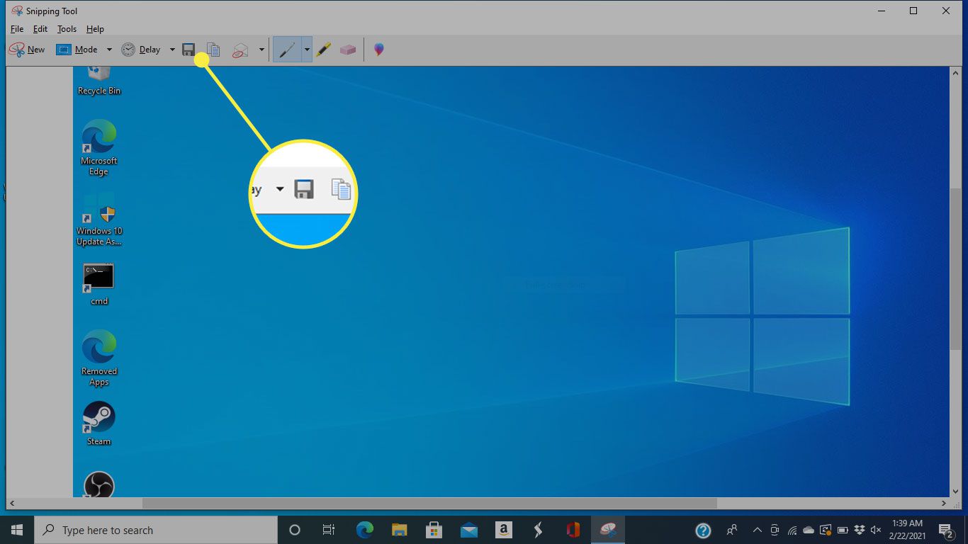 O botão Salvar na ferramenta de recorte do Windows 10