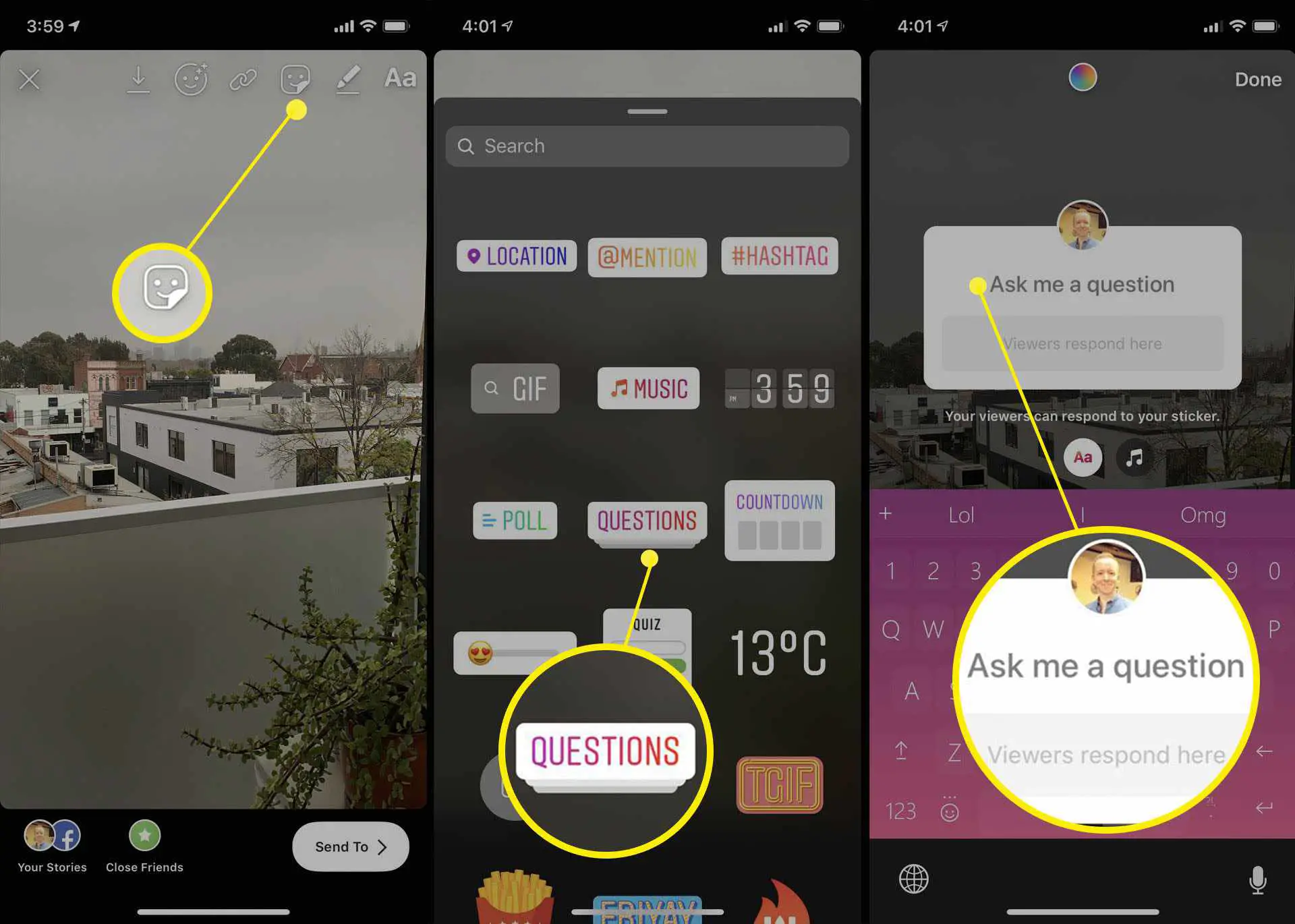 Usando o adesivo de perguntas Instagram Stories no aplicativo iOS Instagram no iPhone.