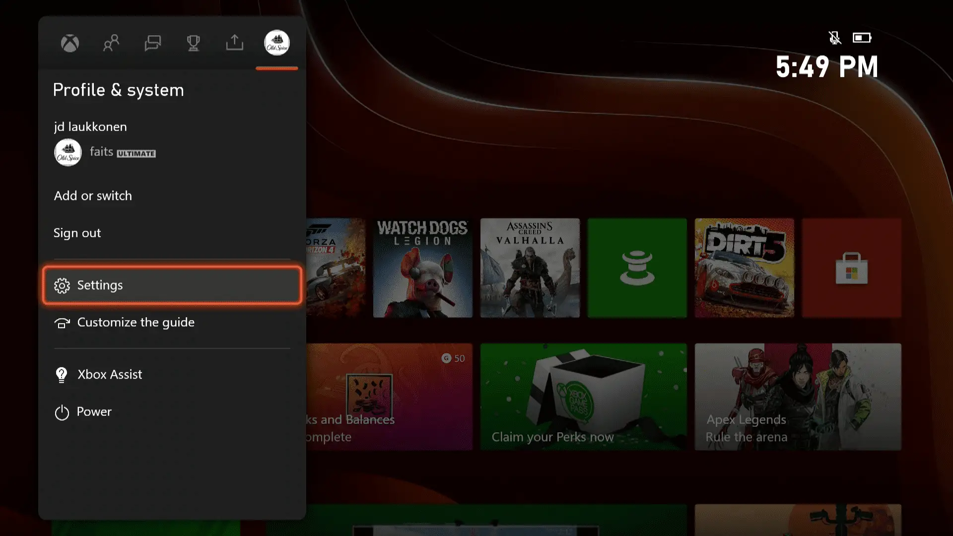 O menu Perfil e sistema no Guia Xbox Series X | S.