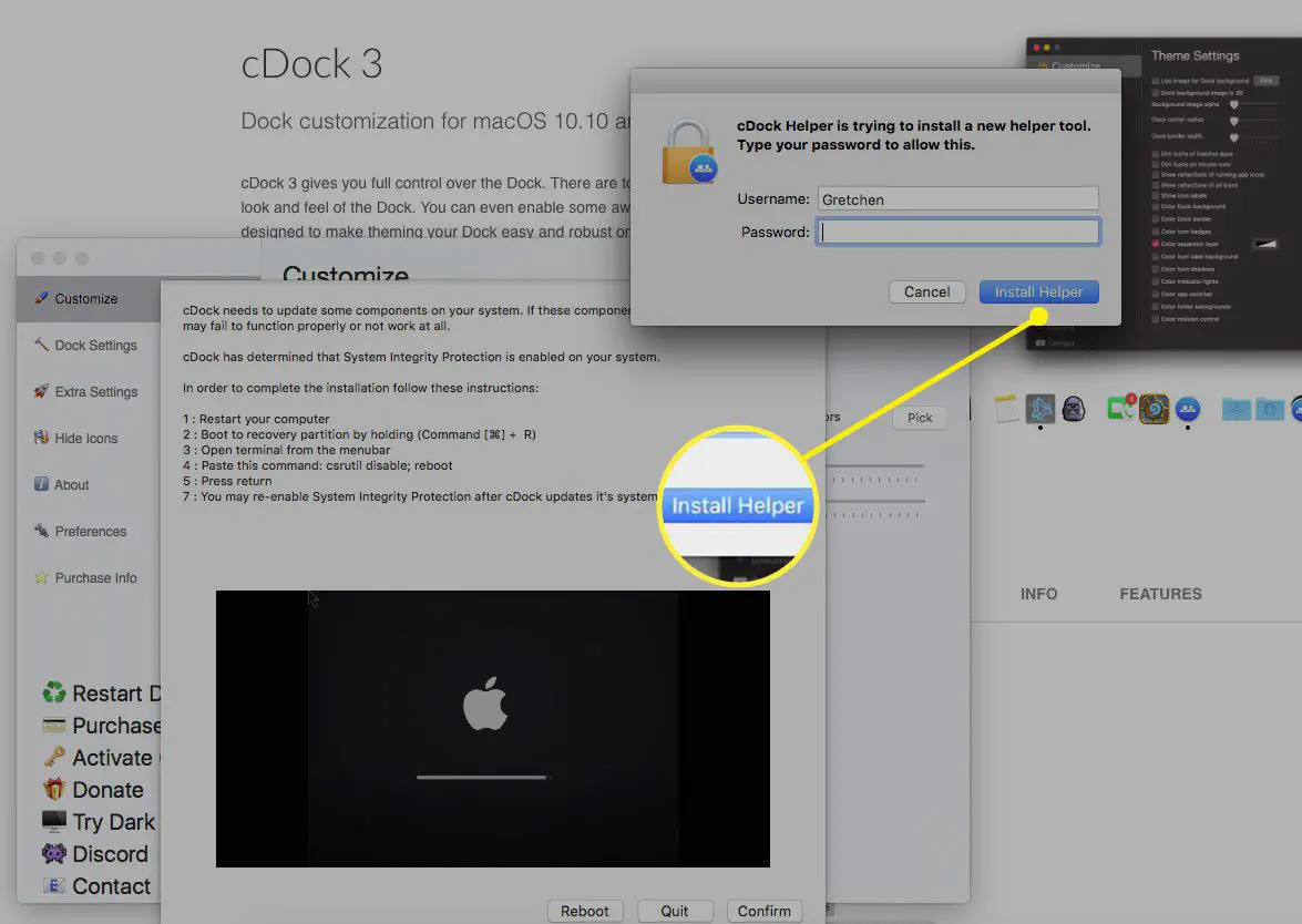 Captura de tela da instalação do cDock
