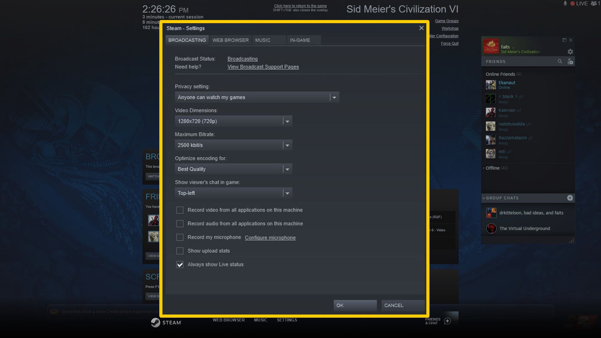Opções de transmissão para Steam