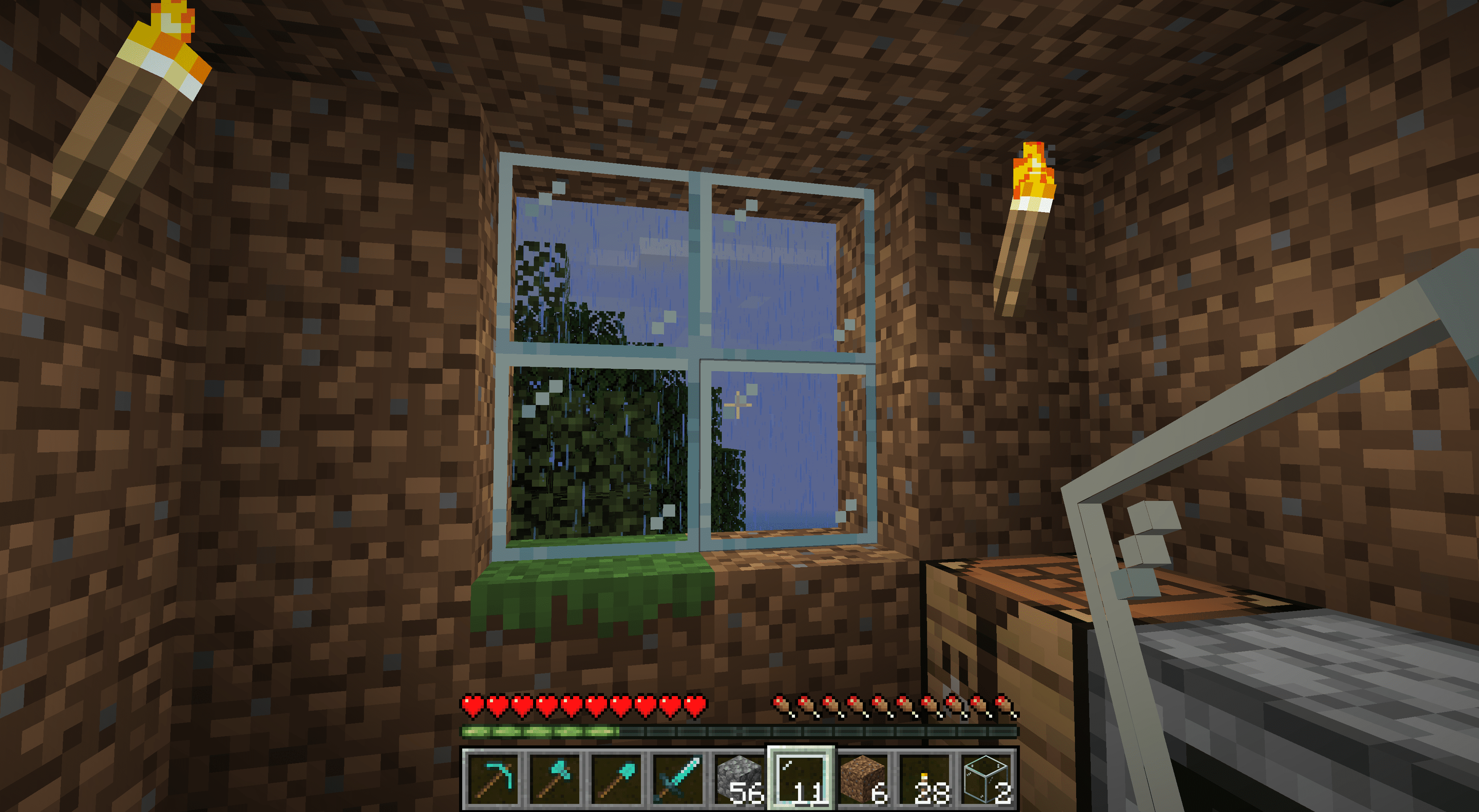 Colocando janelas em uma casa de Minecraft suja.