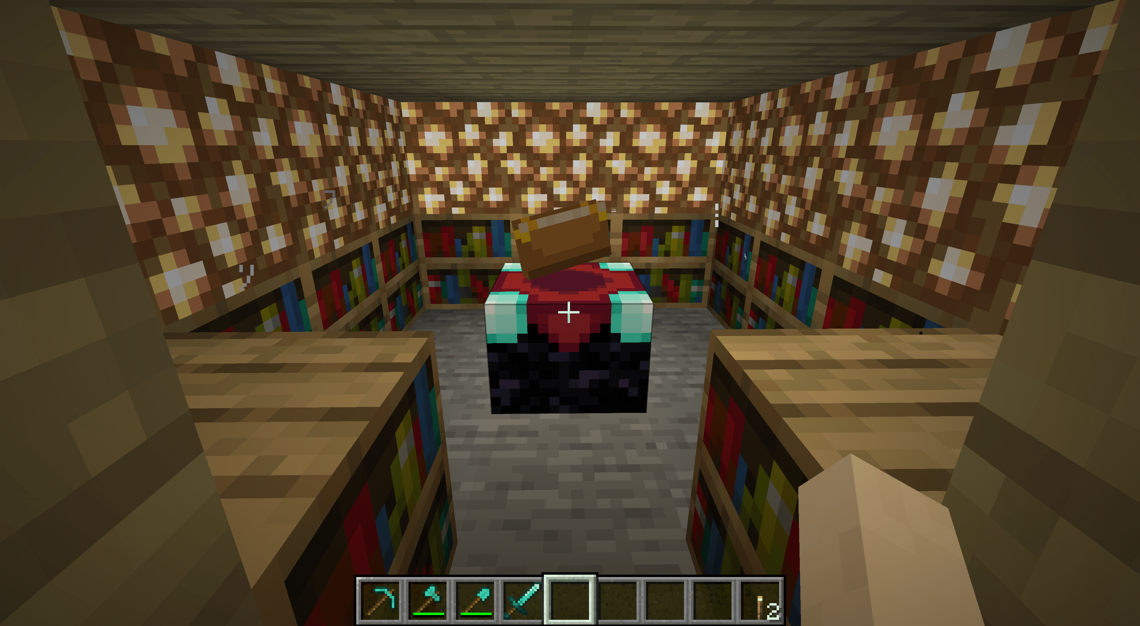 Um quarto encantador completo em uma casa do Minecraft.