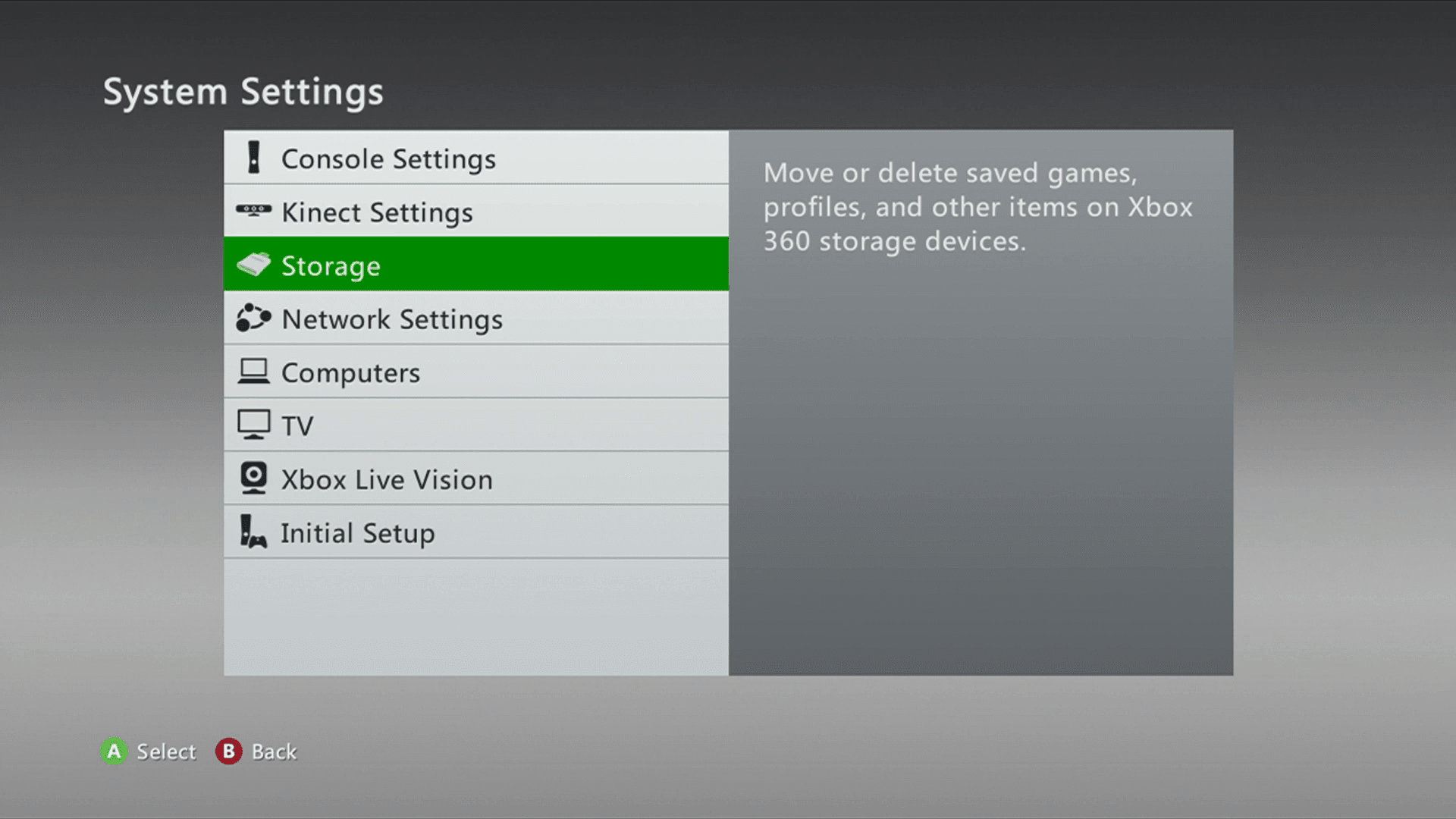 O menu de configurações do sistema Xbox 360.