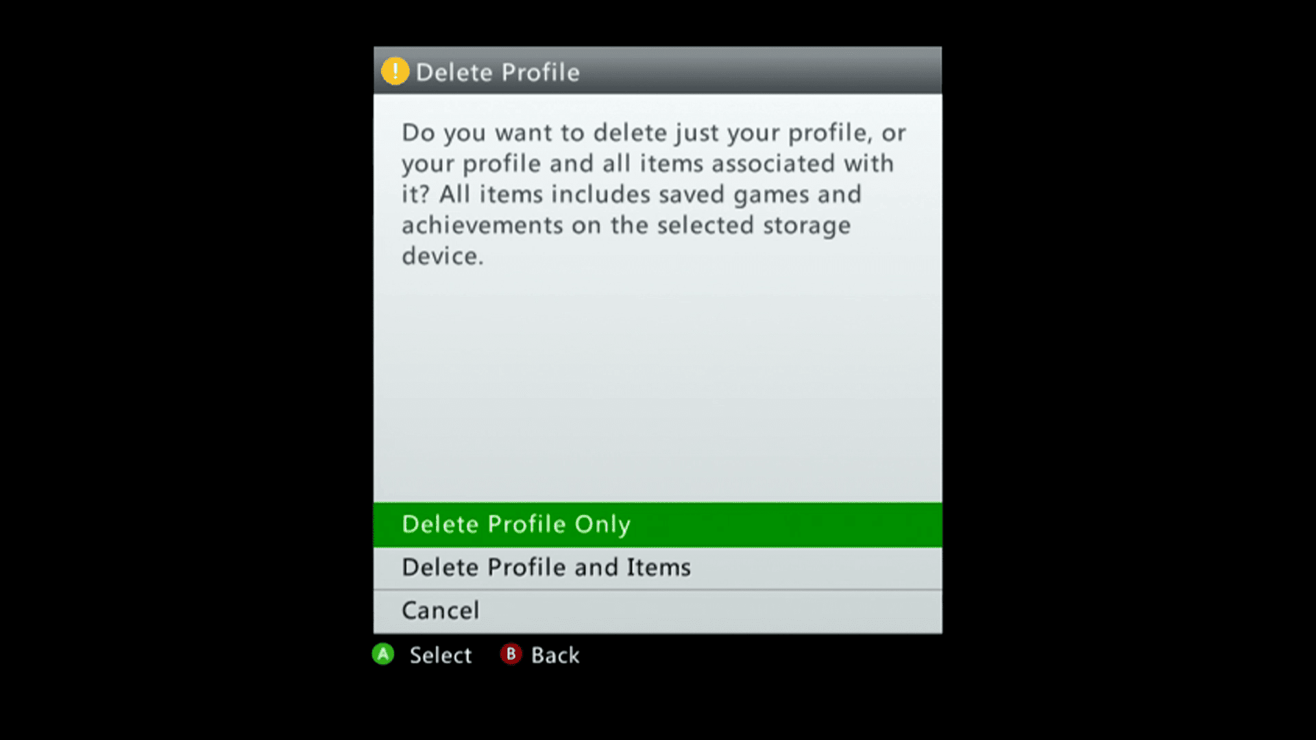 A tela de exclusão de perfil em um Xbox 360.