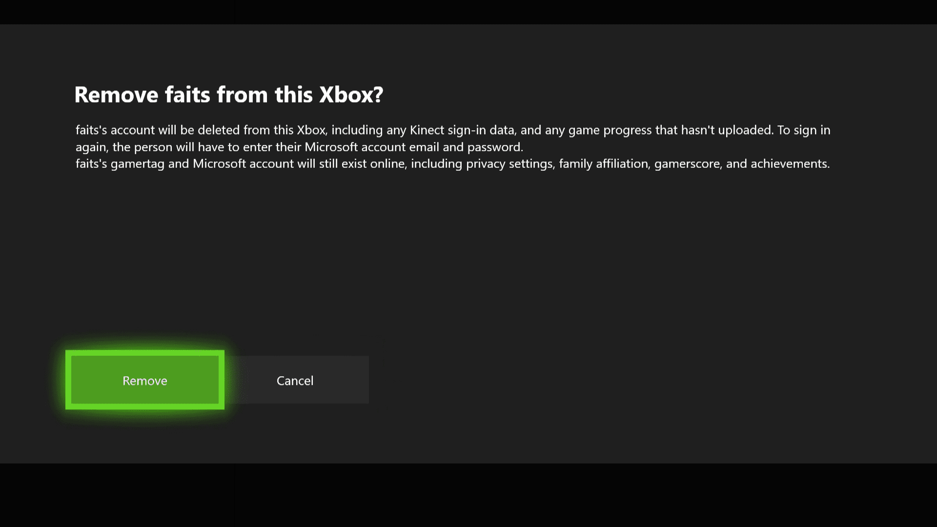Uma captura de tela da tela de confirmação de remoção de perfil no Xbox One.