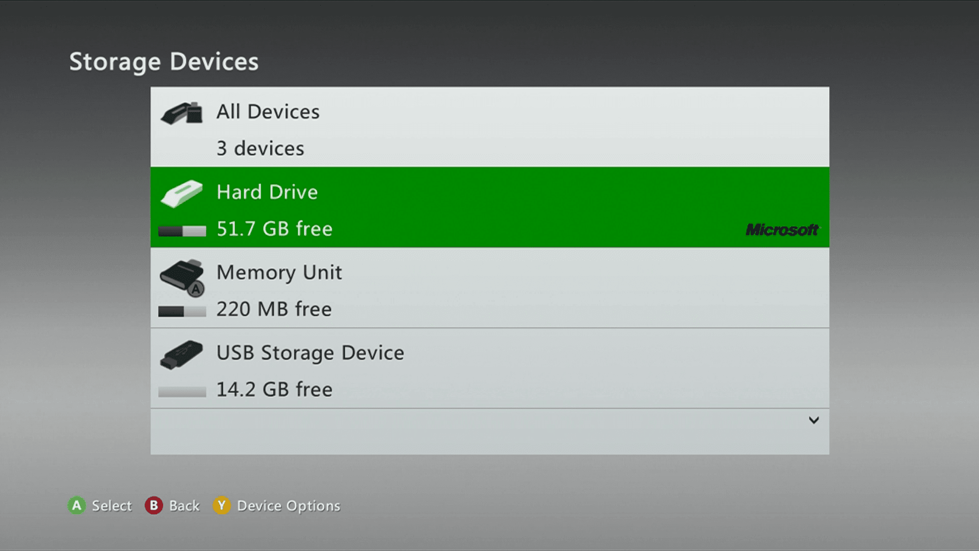 O menu de dispositivos de armazenamento do Xbox 360.