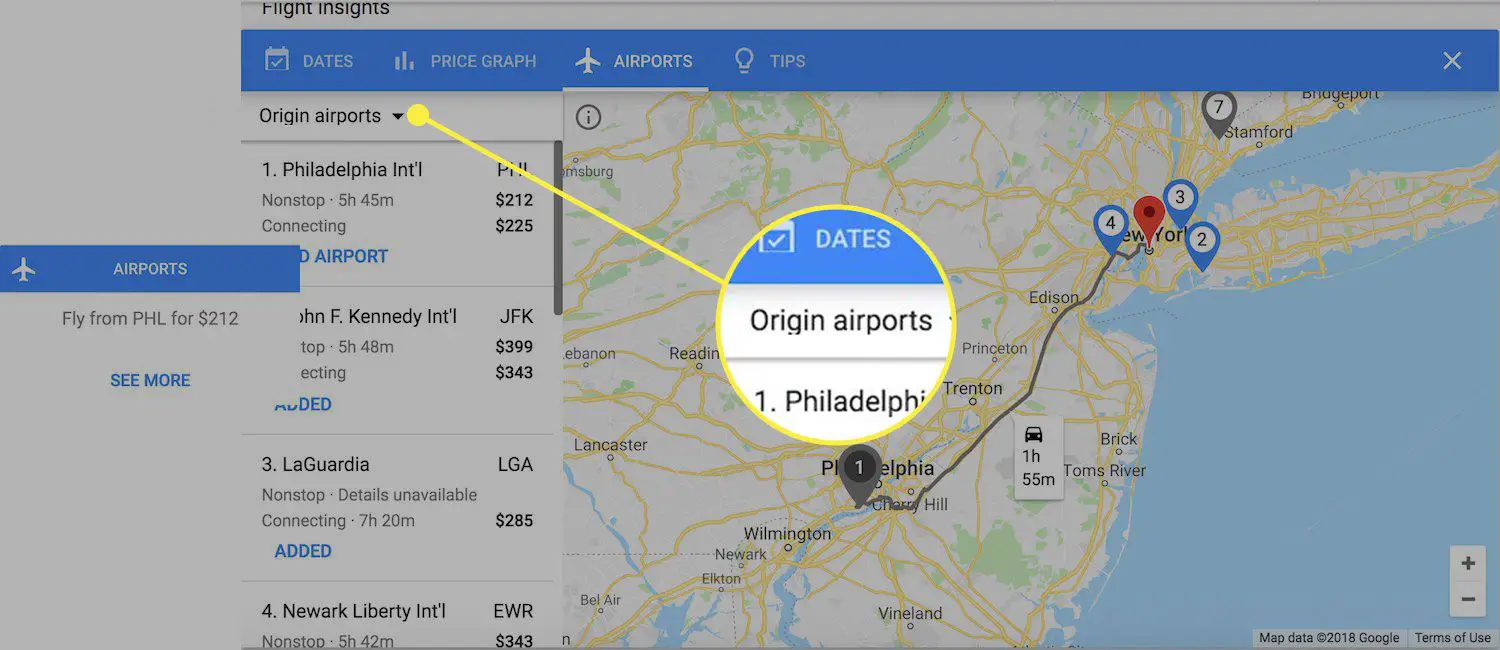 Uma captura de tela do Google Voos com o título Aeroportos de origem destacado