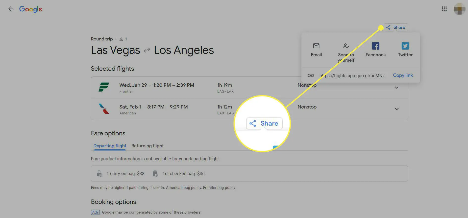 Uma captura de tela do Google Flights com o botão Compartilhar destacado