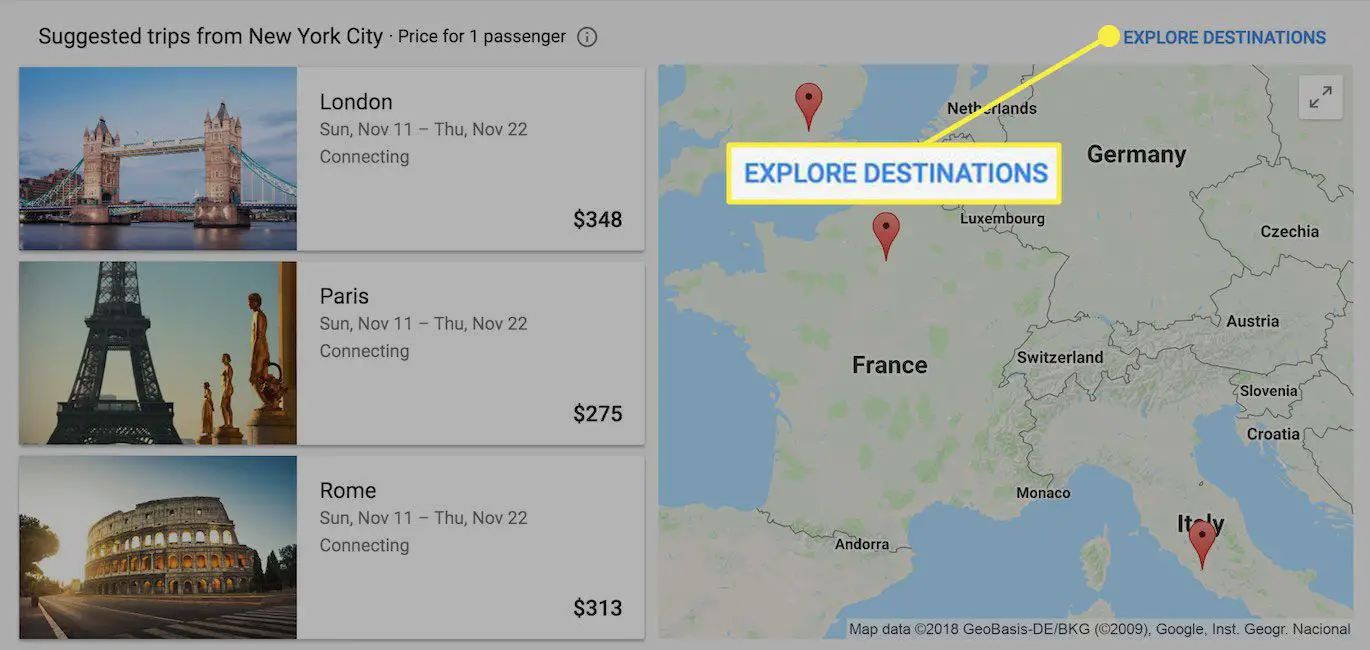 Uma captura de tela do Google Flight com o título Explorar destinos destacado
