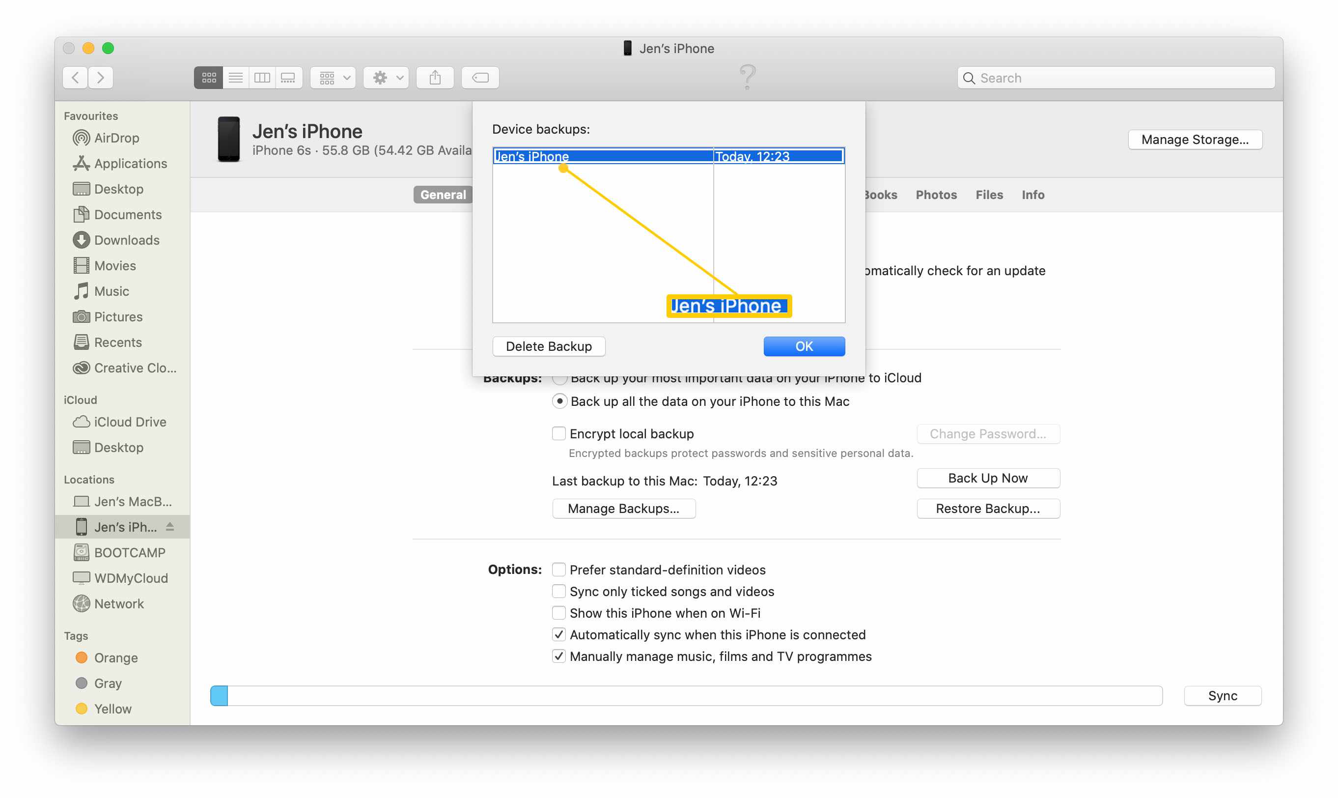 Localização do MacOS iPhone com backups destacados