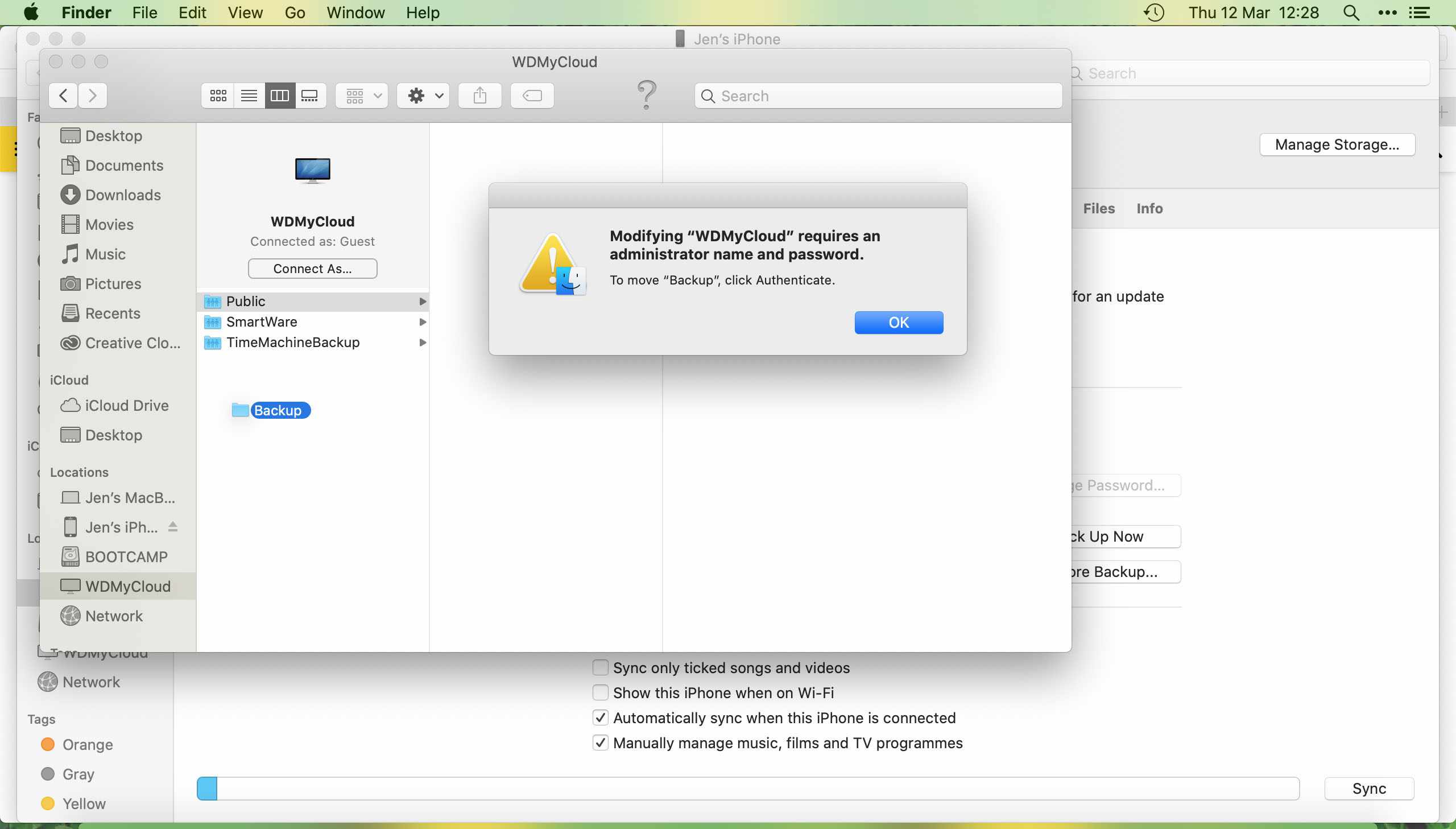 Mover um backup do iOS para um disco rígido externo com a necessidade de inserir uma senha de administrador