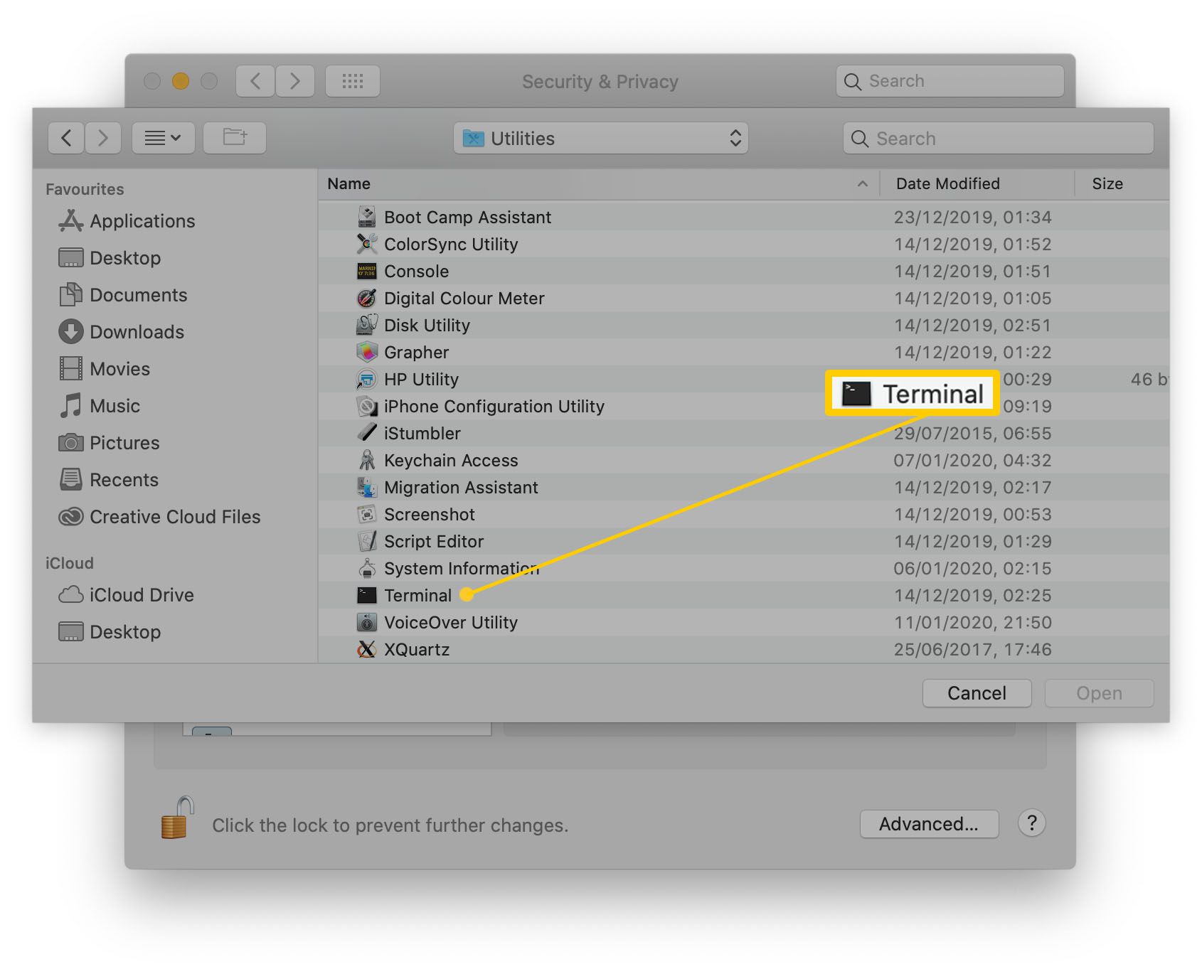 MacOS com terminal destacado na lista de aplicativos