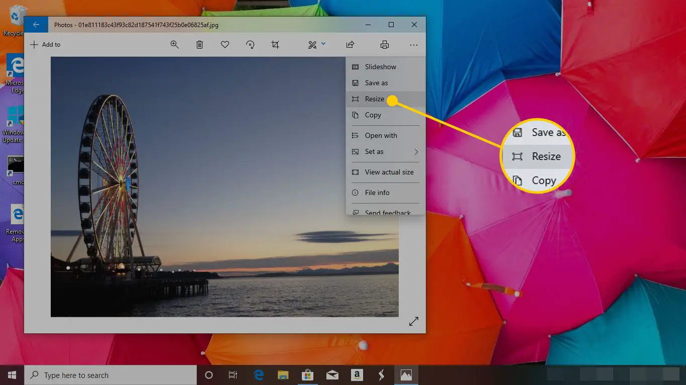 Fotos no Windows 10 com a opção Redimensionar destacada