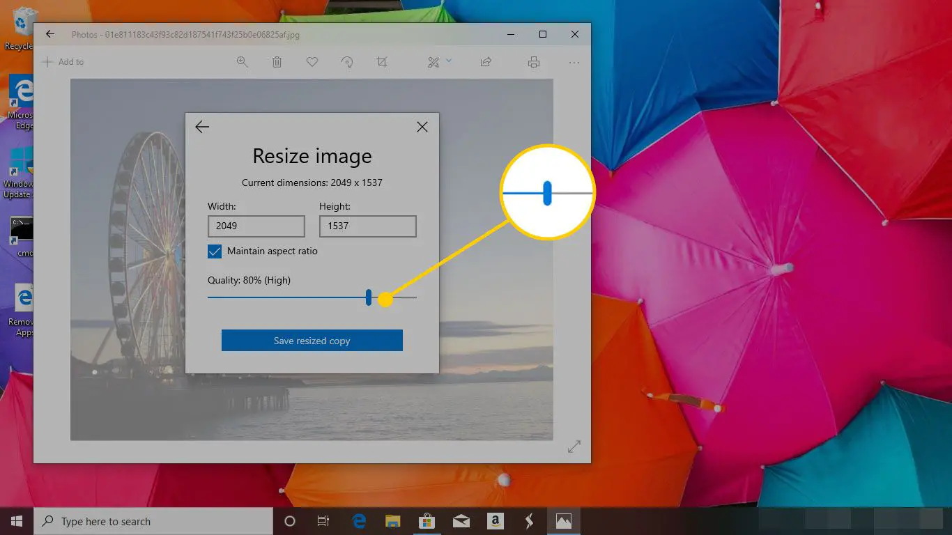 Controle deslizante de qualidade na janela Redimensionar imagem de fotos no Windows 10