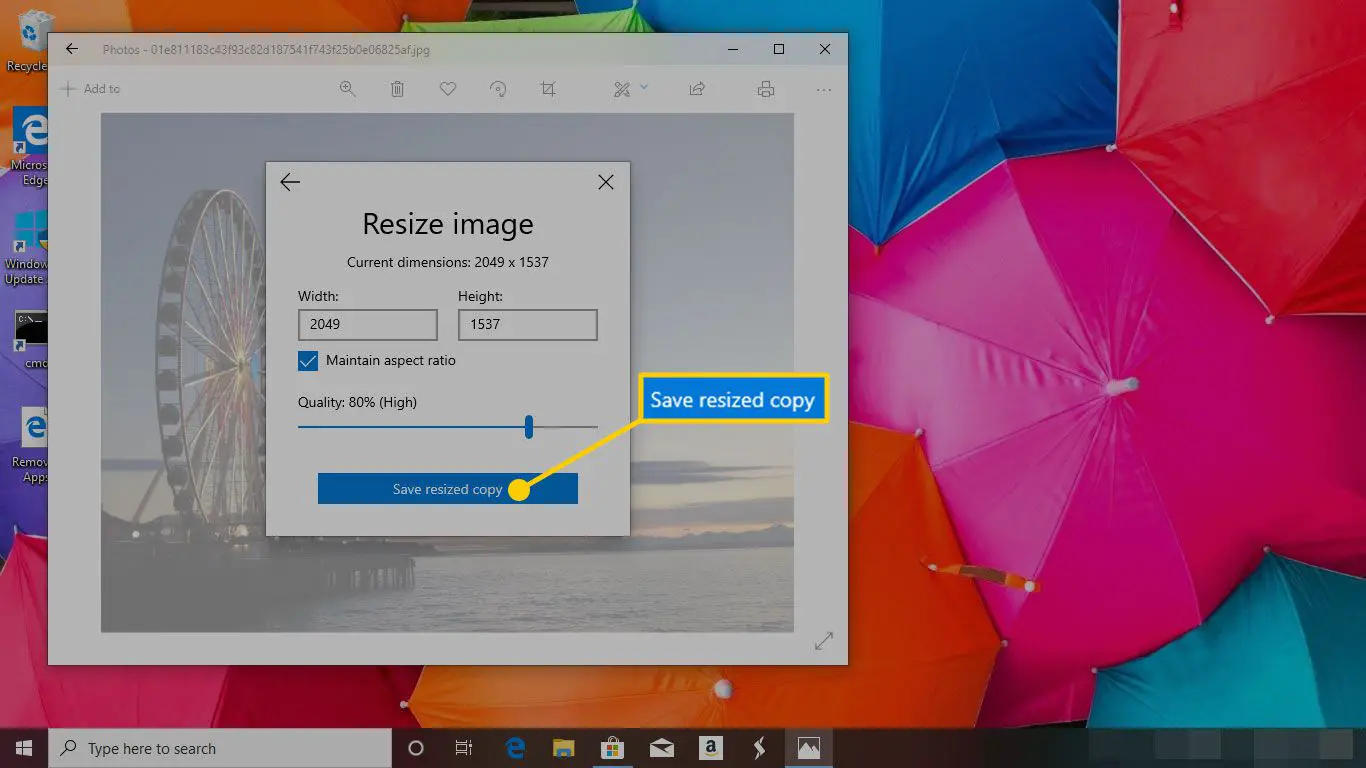 Janela de redimensionamento da imagem no Photos for Windows 10 com o botão Salvar cópia redimensionada destacado