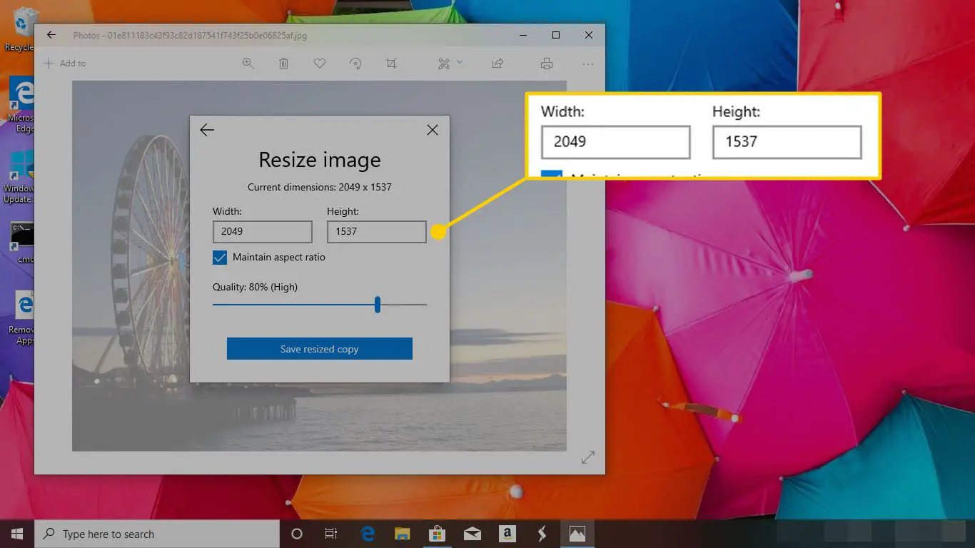Redimensionar menu de imagem no Fotos para Windows 10 com as janelas Largura e Altura destacadas