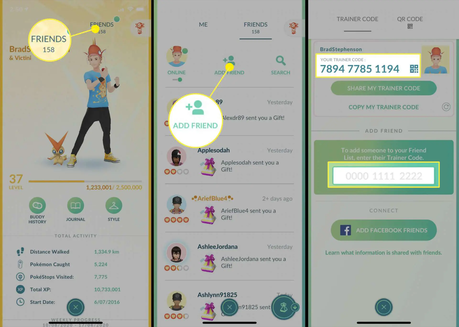 Configurações de perfil e amigo do Pokémon GO.