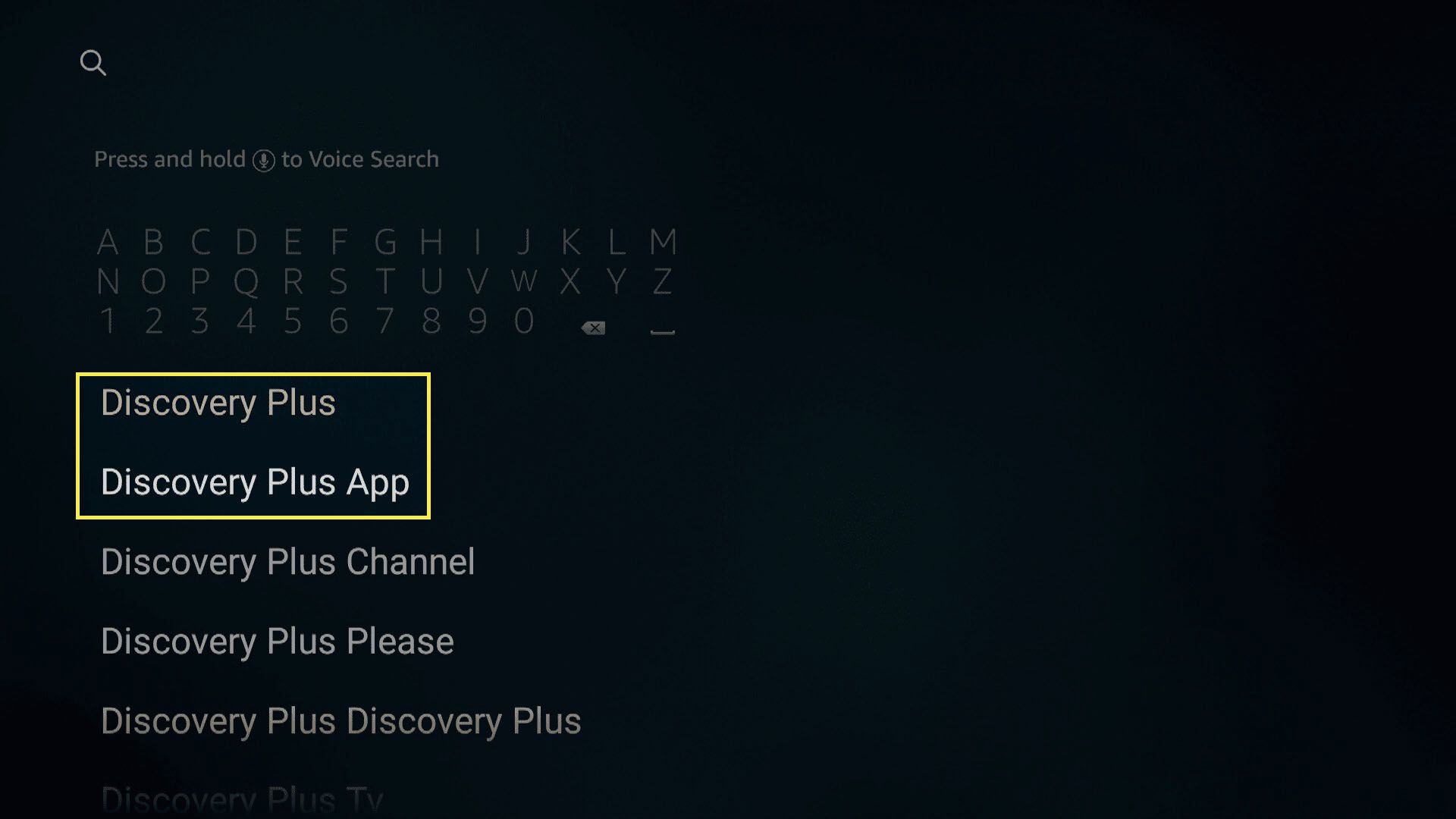 Pesquisando o Discovery Plus na função de pesquisa Amazon Fire TV.