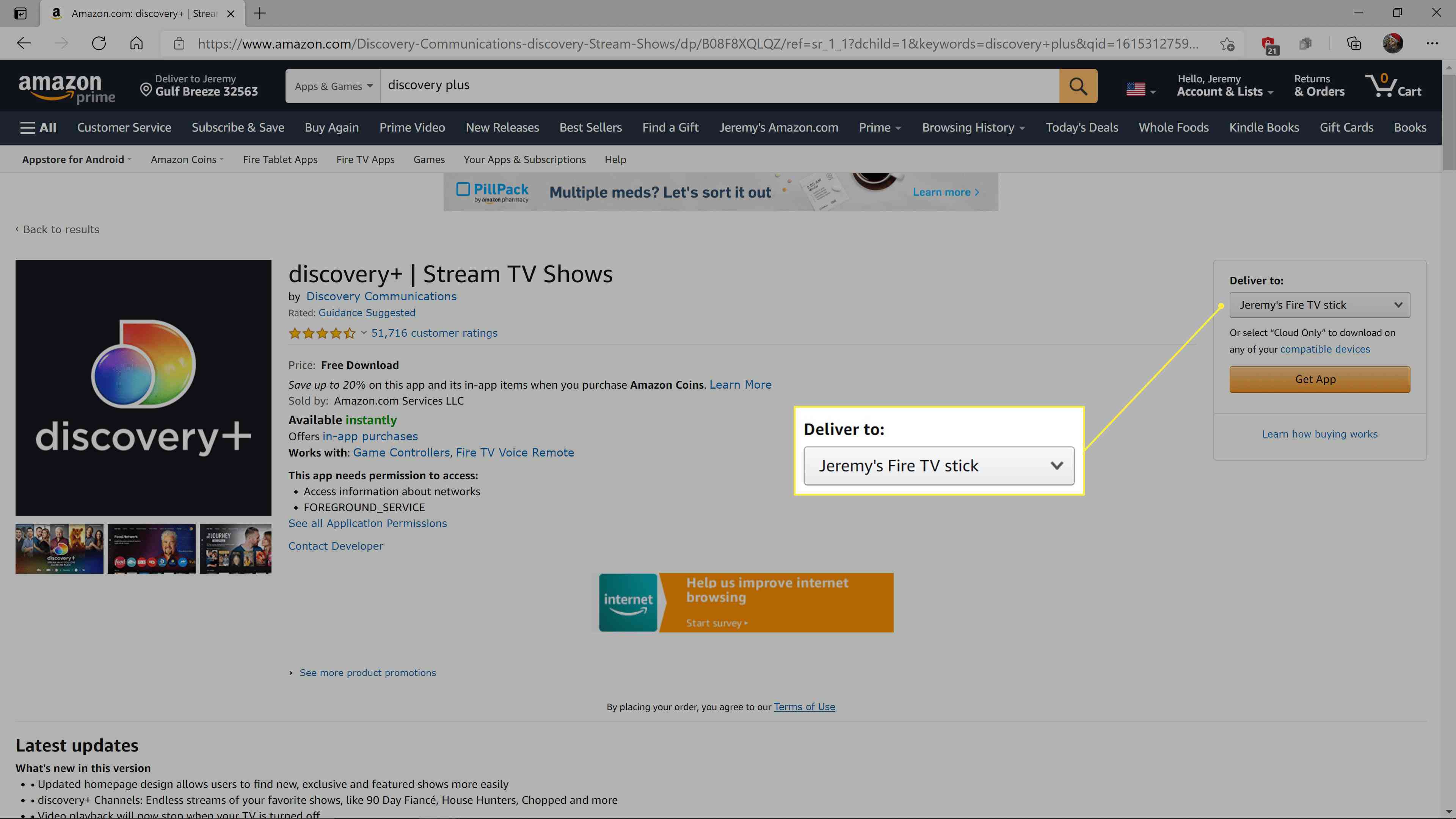 Discovery + na app store da Amazon.