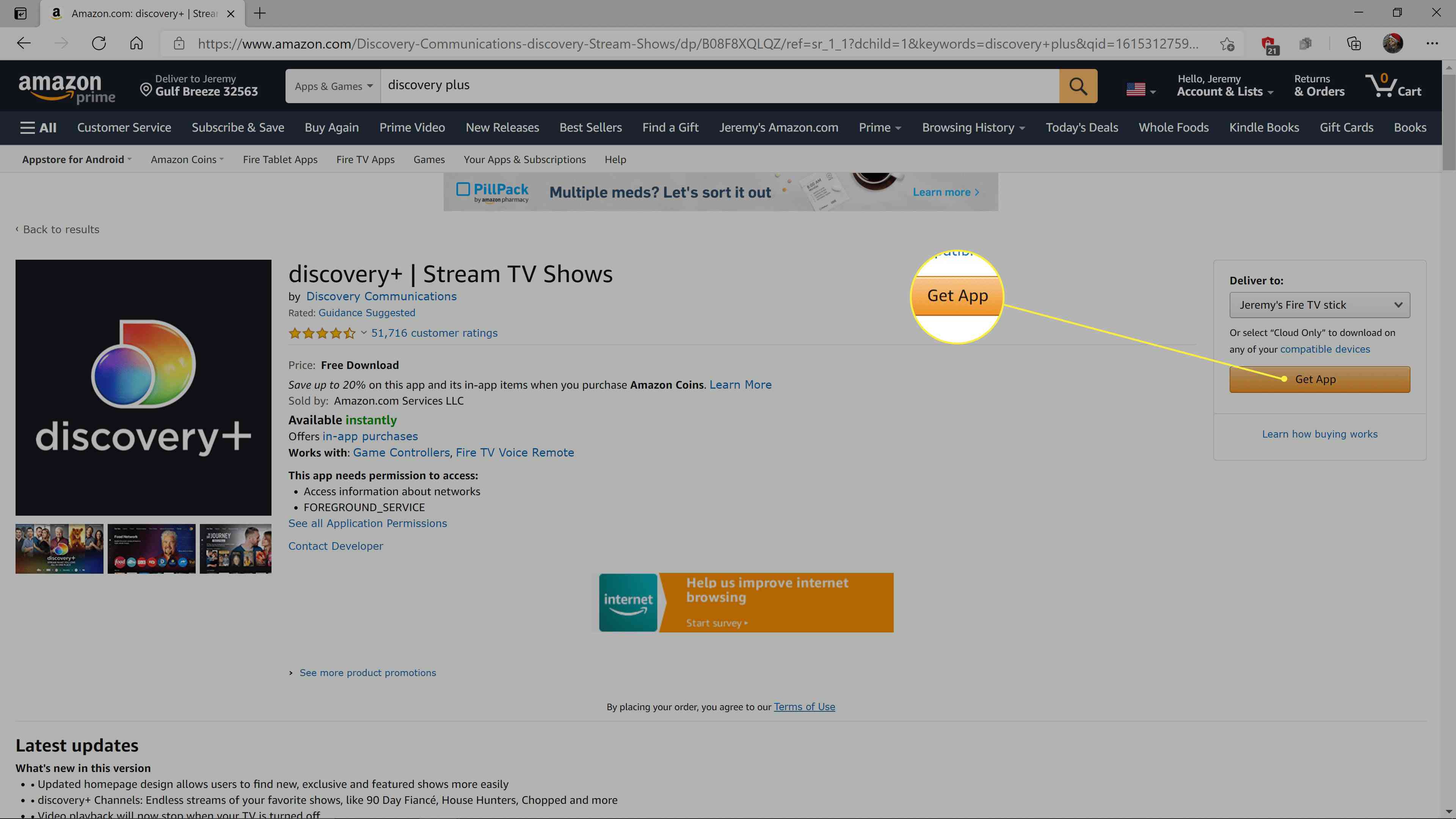 Obtenha o aplicativo em destaque na lista Discovery + na loja de aplicativos da Amazon.