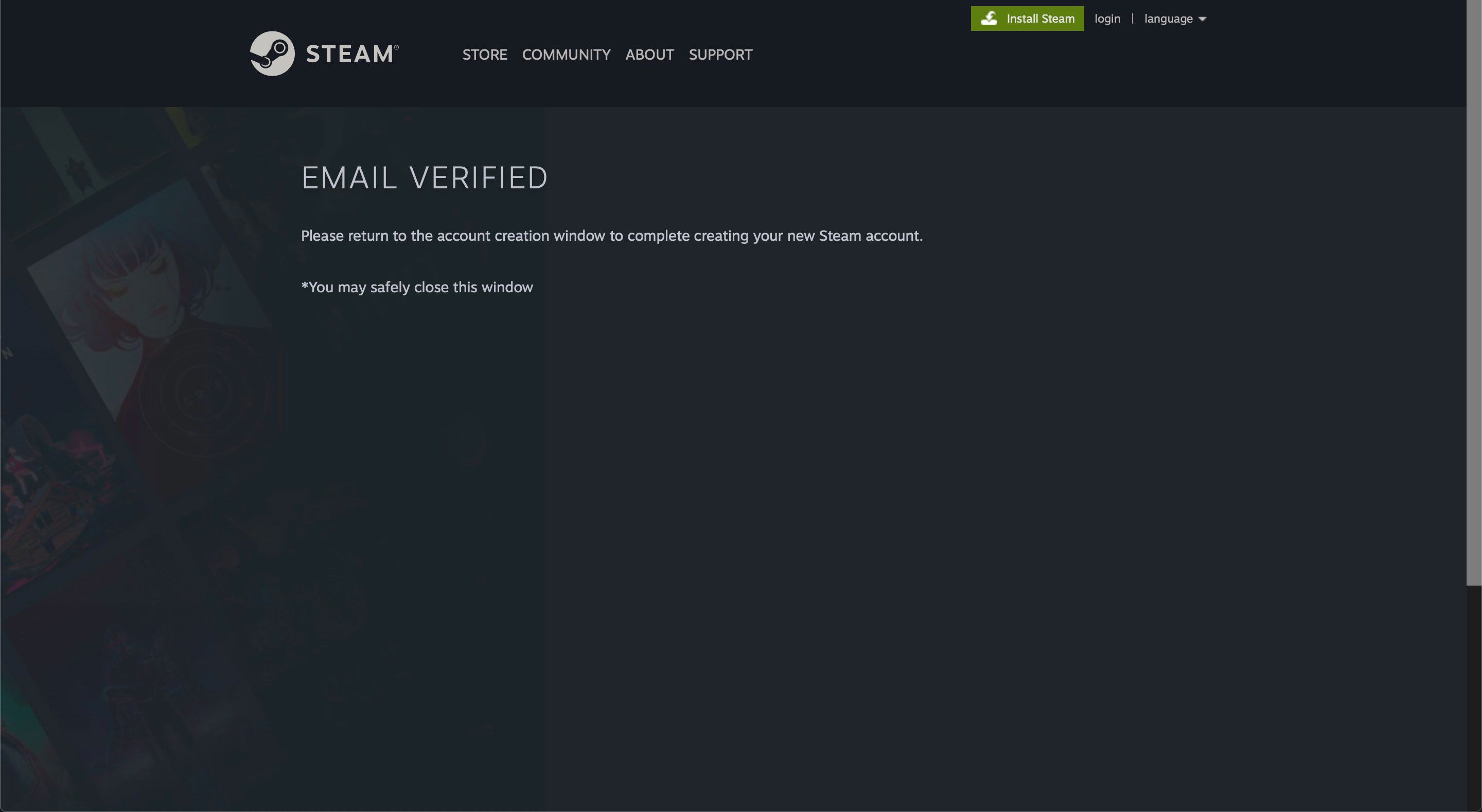 A página de "Email verificado" do Steam
