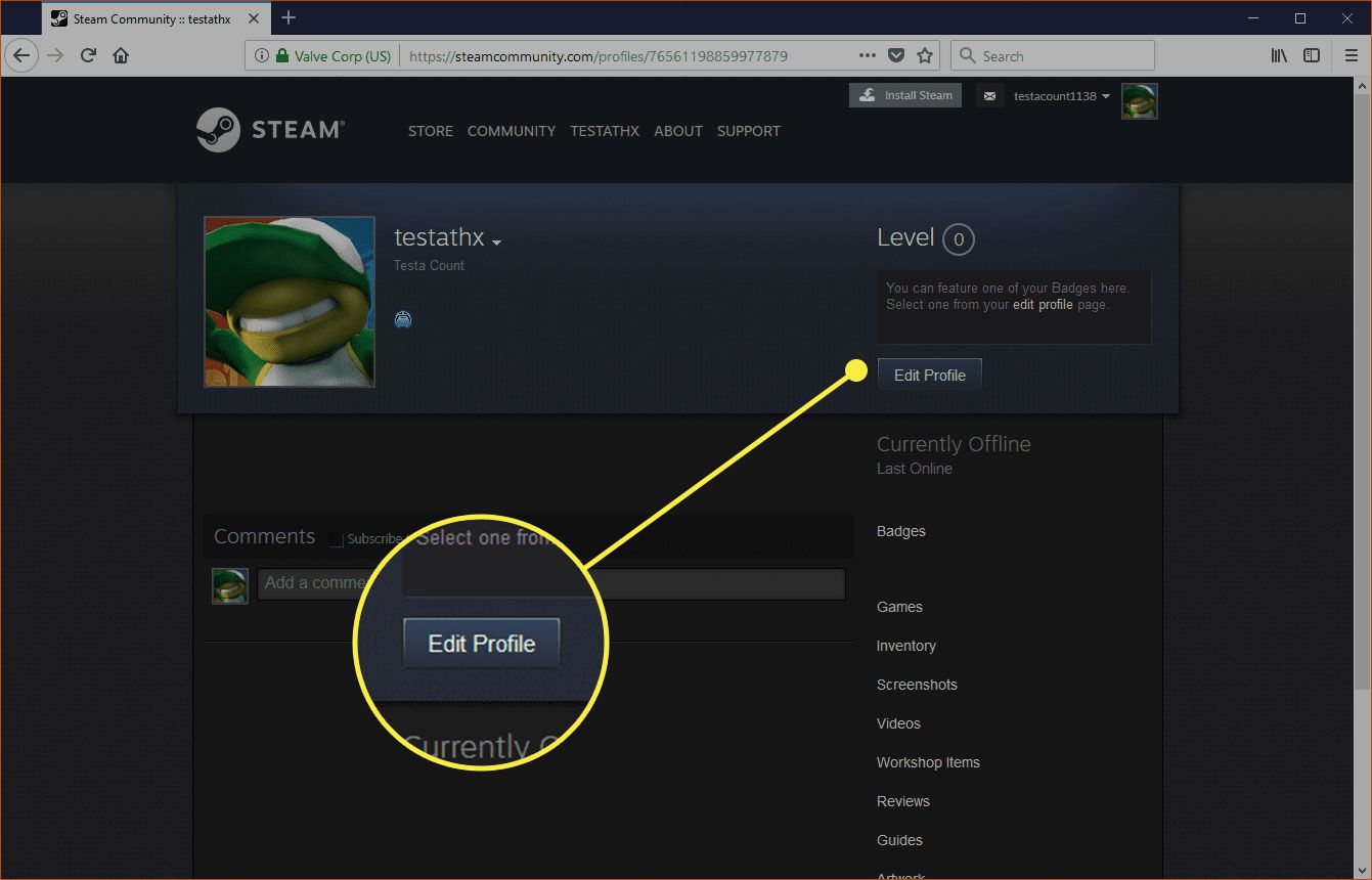 Um perfil Steam com o botão Editar Perfil destacado