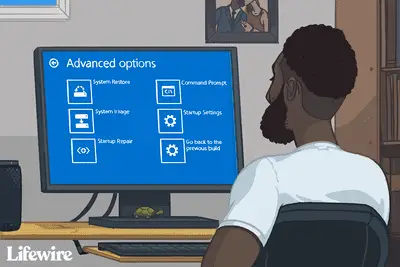 Ilustração de uma pessoa usando as opções de inicialização avançadas em um computador Windows