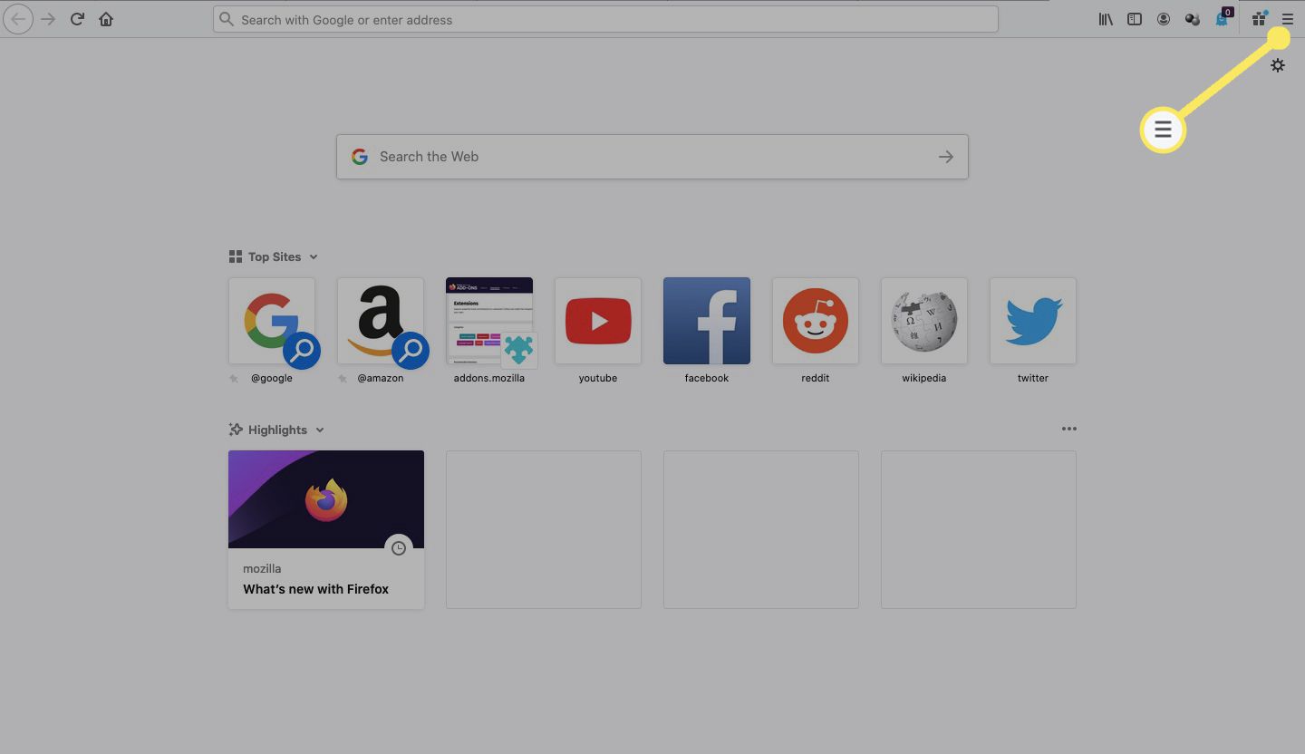 Abra o Firefox e selecione o ícone Menu (três linhas) no canto superior direito.