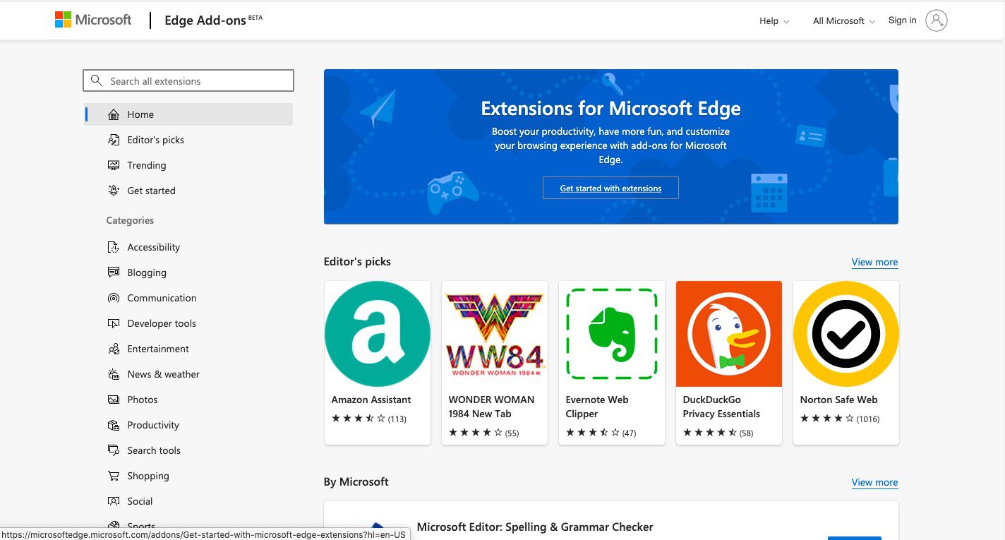 Para adicionar uma nova extensão do Edge, selecione Obter Extensões para Microsoft Edge.