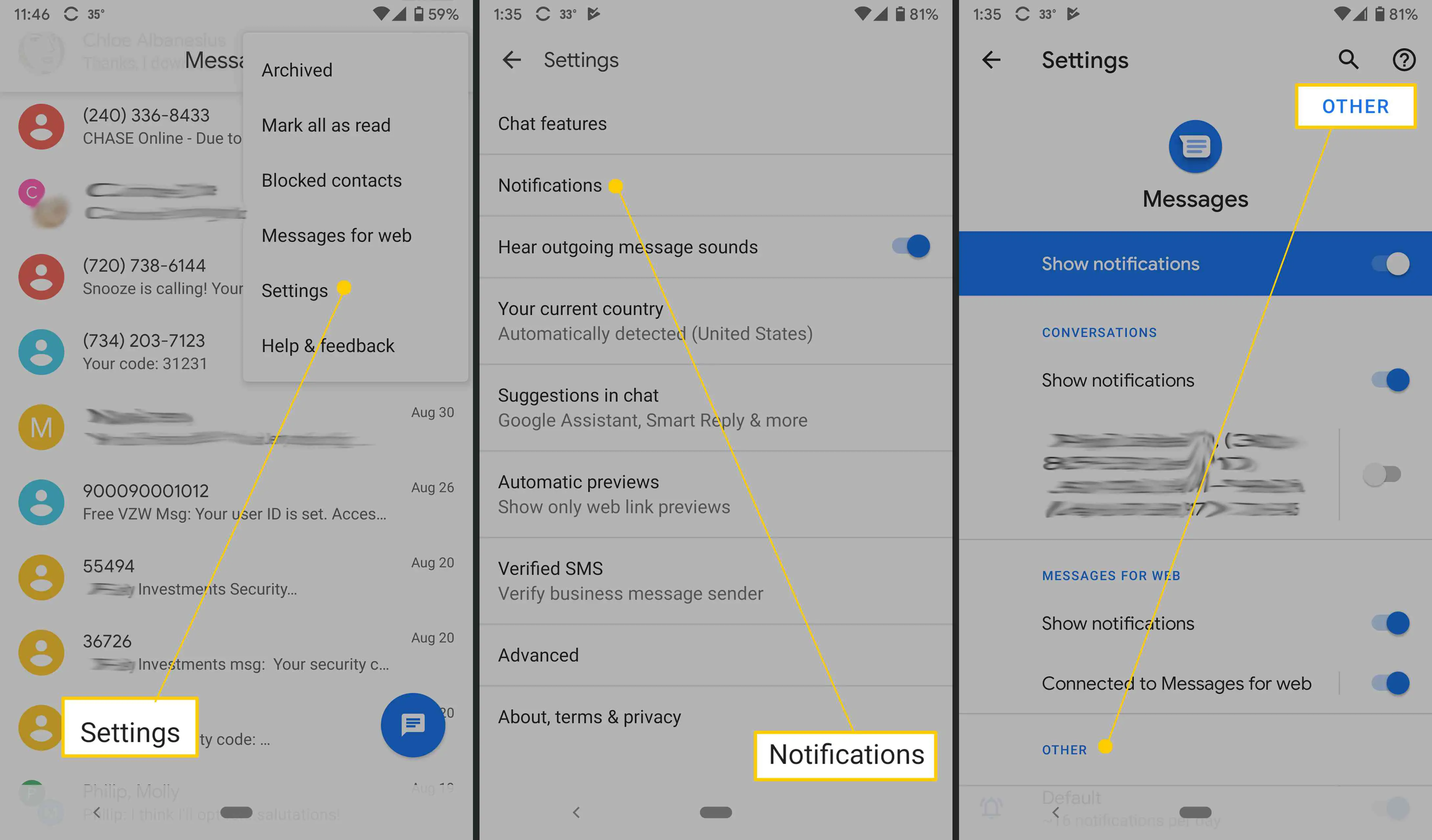 Configurações de notificação do Android Mensagens.