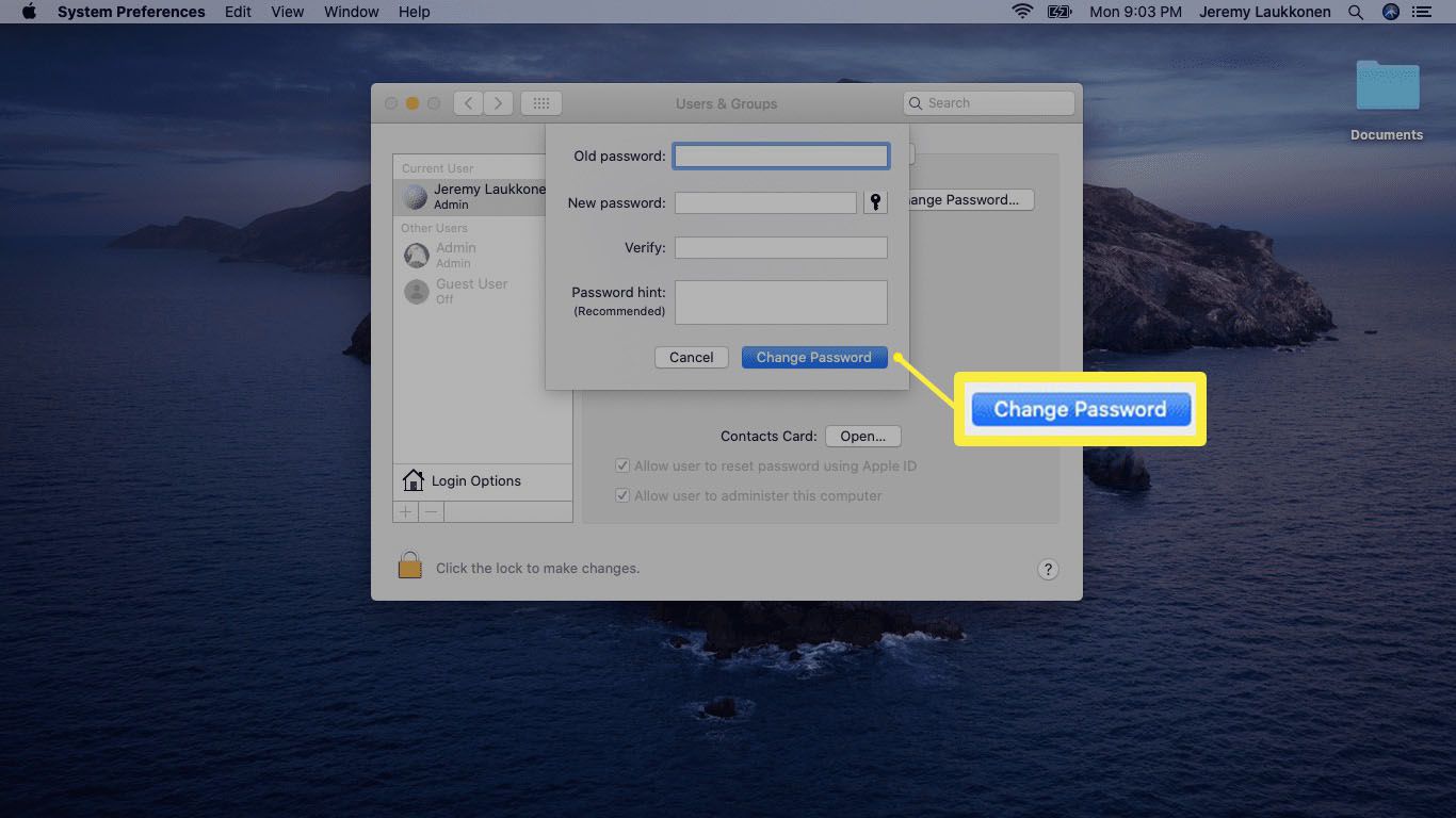 Uma captura de tela da configuração de uma nova senha em um Mac.