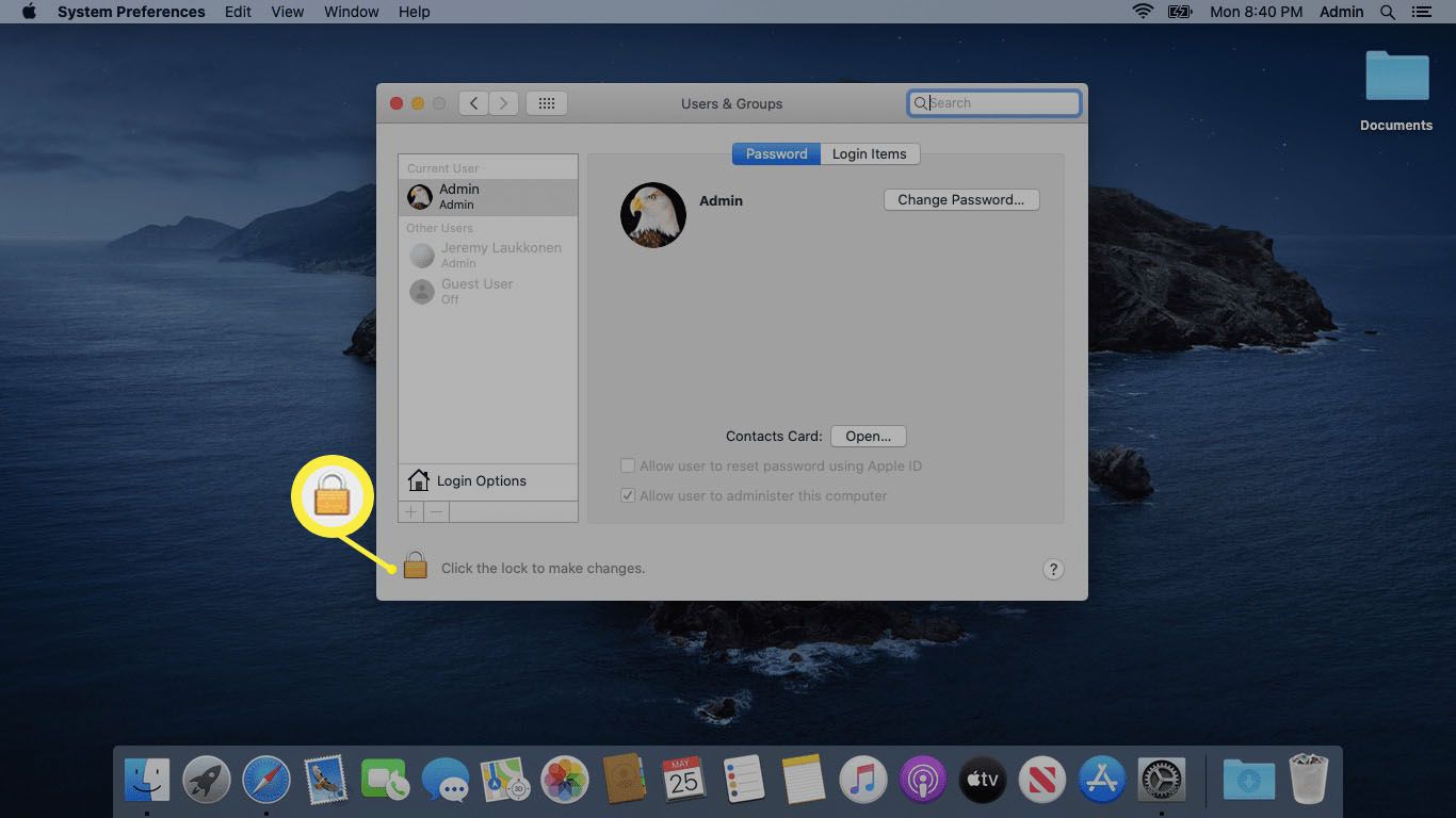 Uma captura de tela do menu Usuários e grupos do Mac.