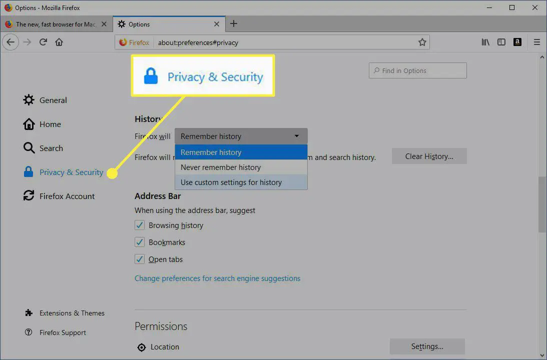 O título Privacidade e segurança nas configurações do Firefox