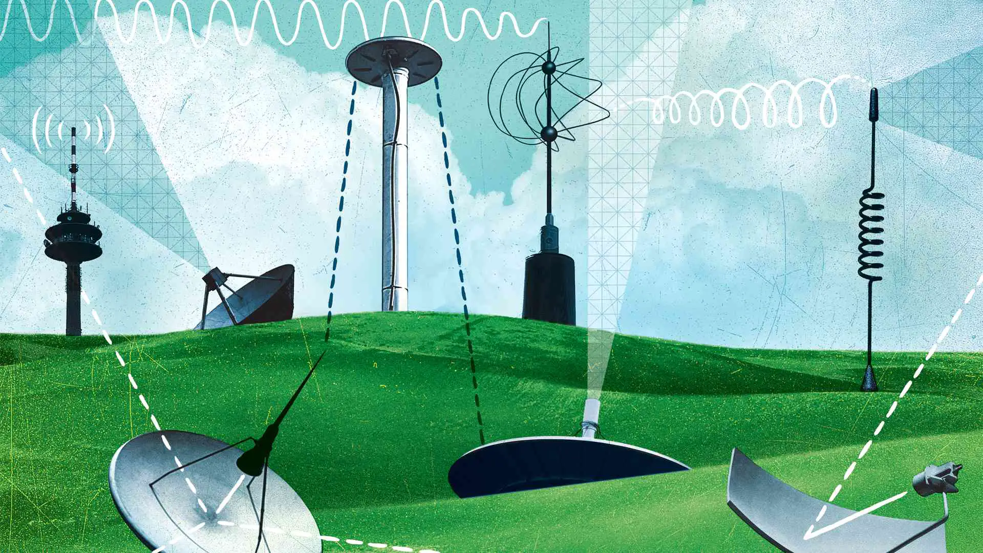 Vários satélites e antenas de radar transmitindo Wi-Fi e outros sinais.